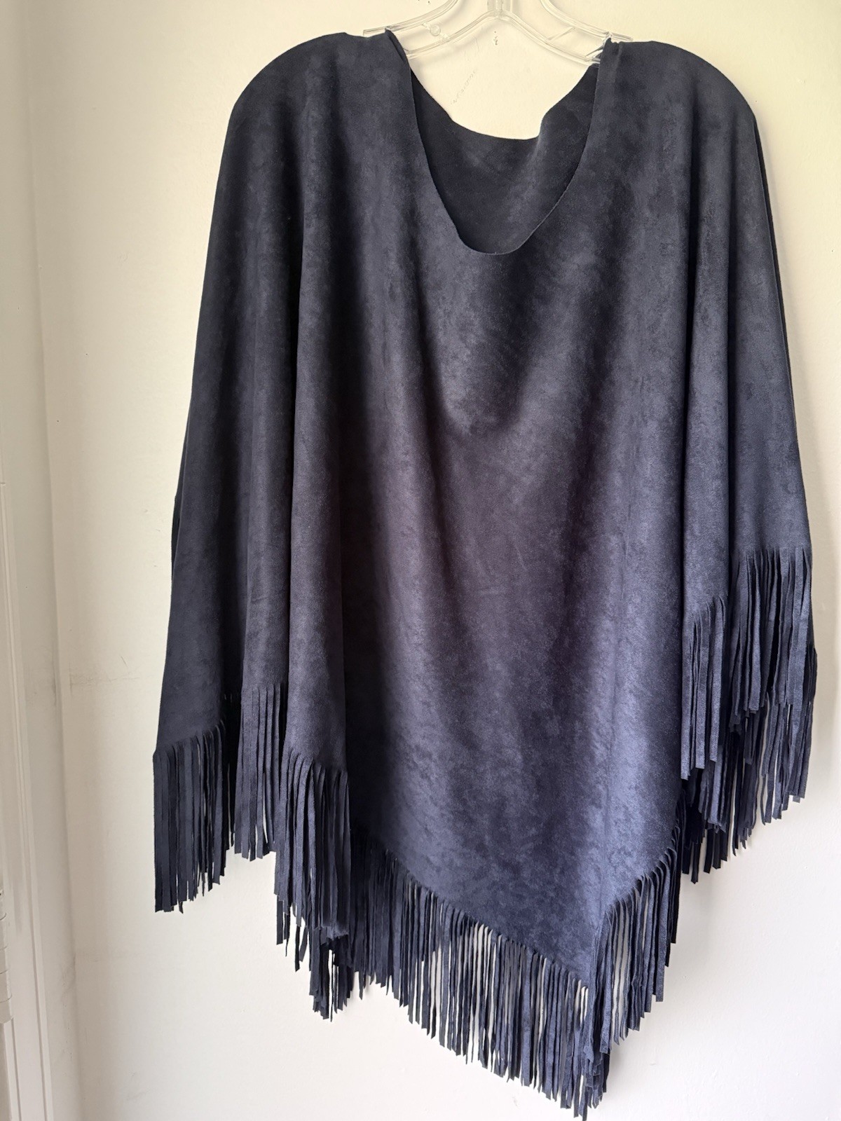 VTG 90s Faux Suede Poncho Shawl Wrap Fringe Navy Blue Unbranded One Size