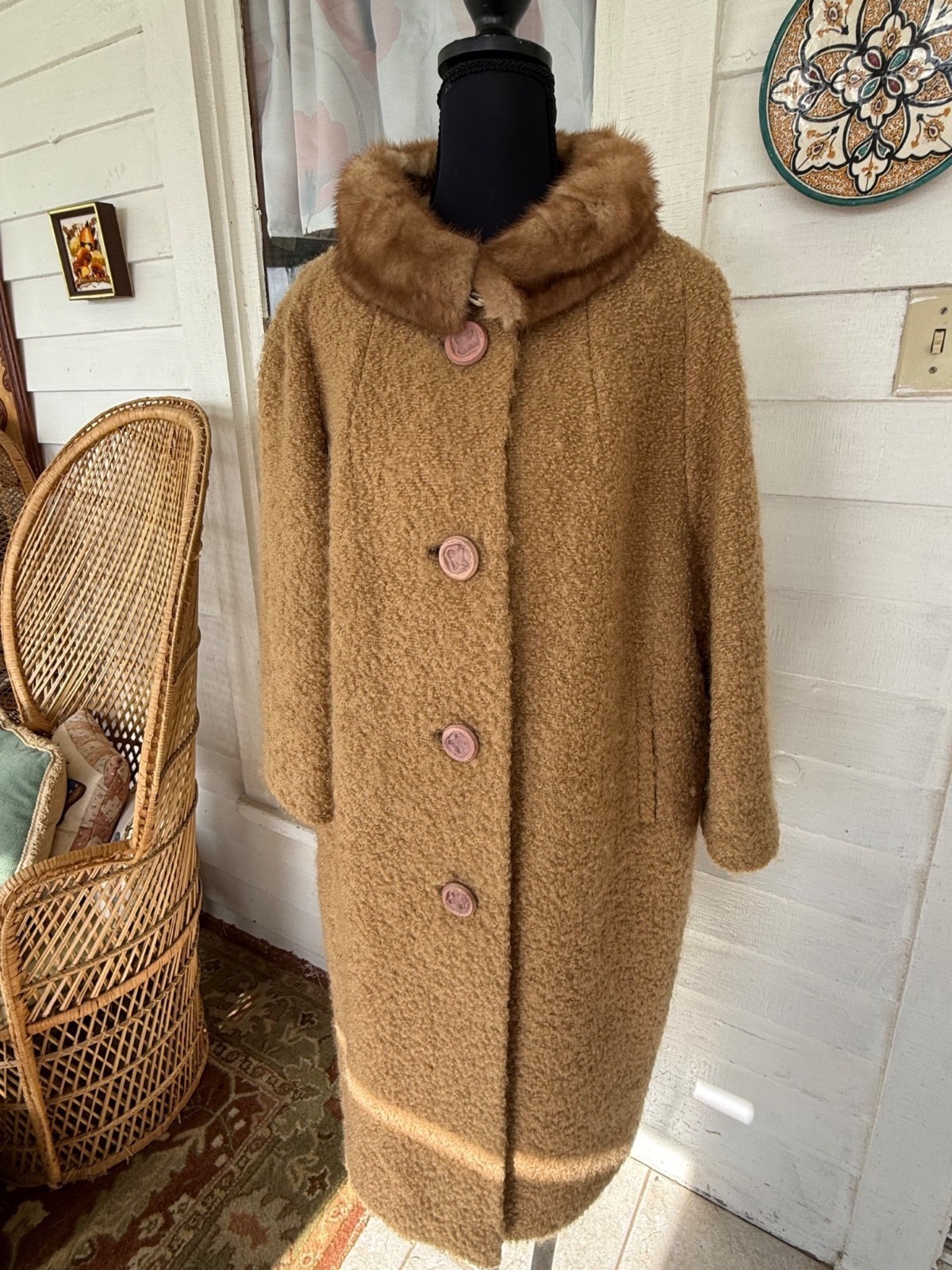 Vintage 50s Carmel Tan Nubby Wool Swing Coat Mink Collar M/L