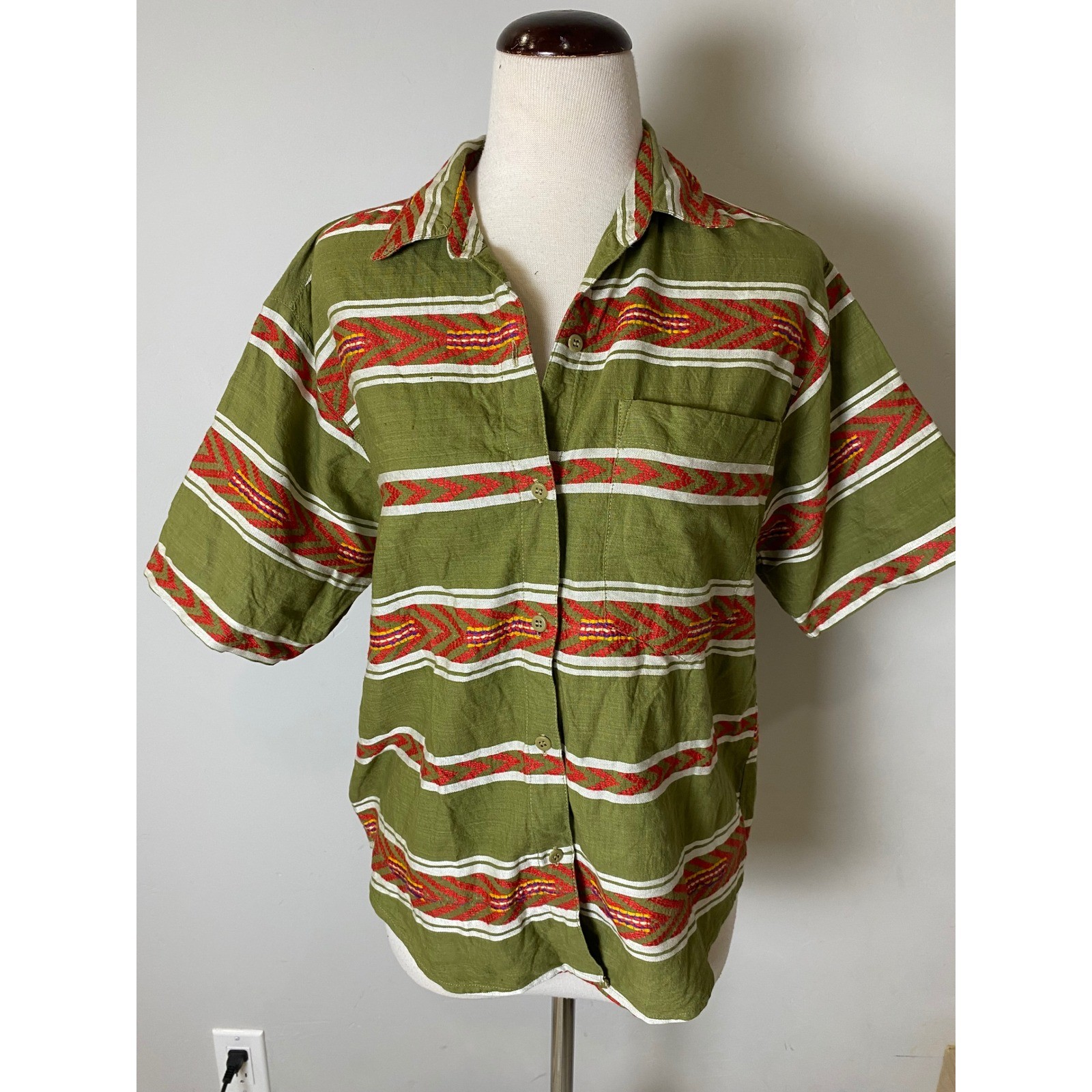 Vintage 1989 Angelique Olive Green Southwestern Woven Cotton Shirt Womens Medium