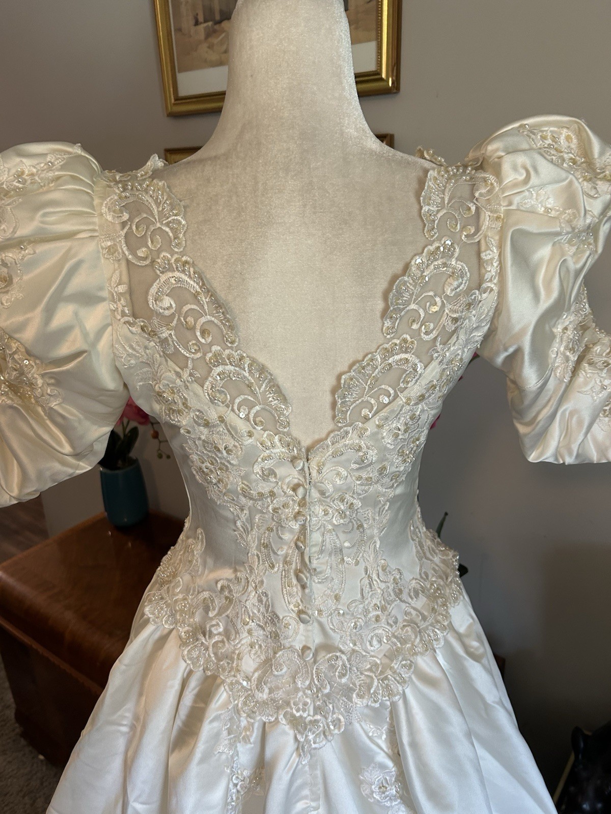 Vtg 80s Ivory Satin Beaded Bride Wedding Dress Short Sleeve Long Train Size 14