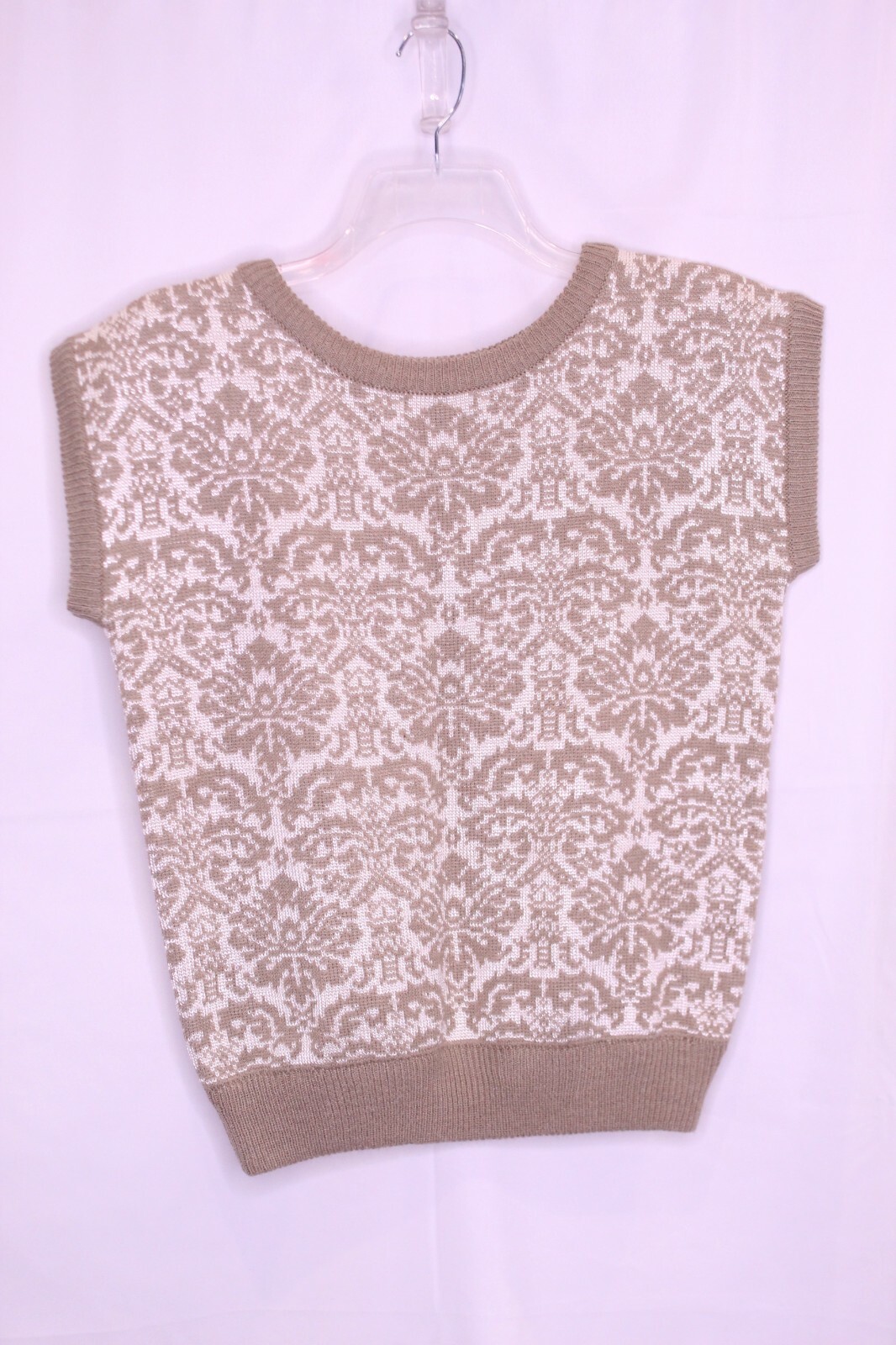 VTG COUNTERPARTS BROWN/OFF-WHITE PRINT ROUND NECK CAP SLEEVE SWEATER SZ L #P255