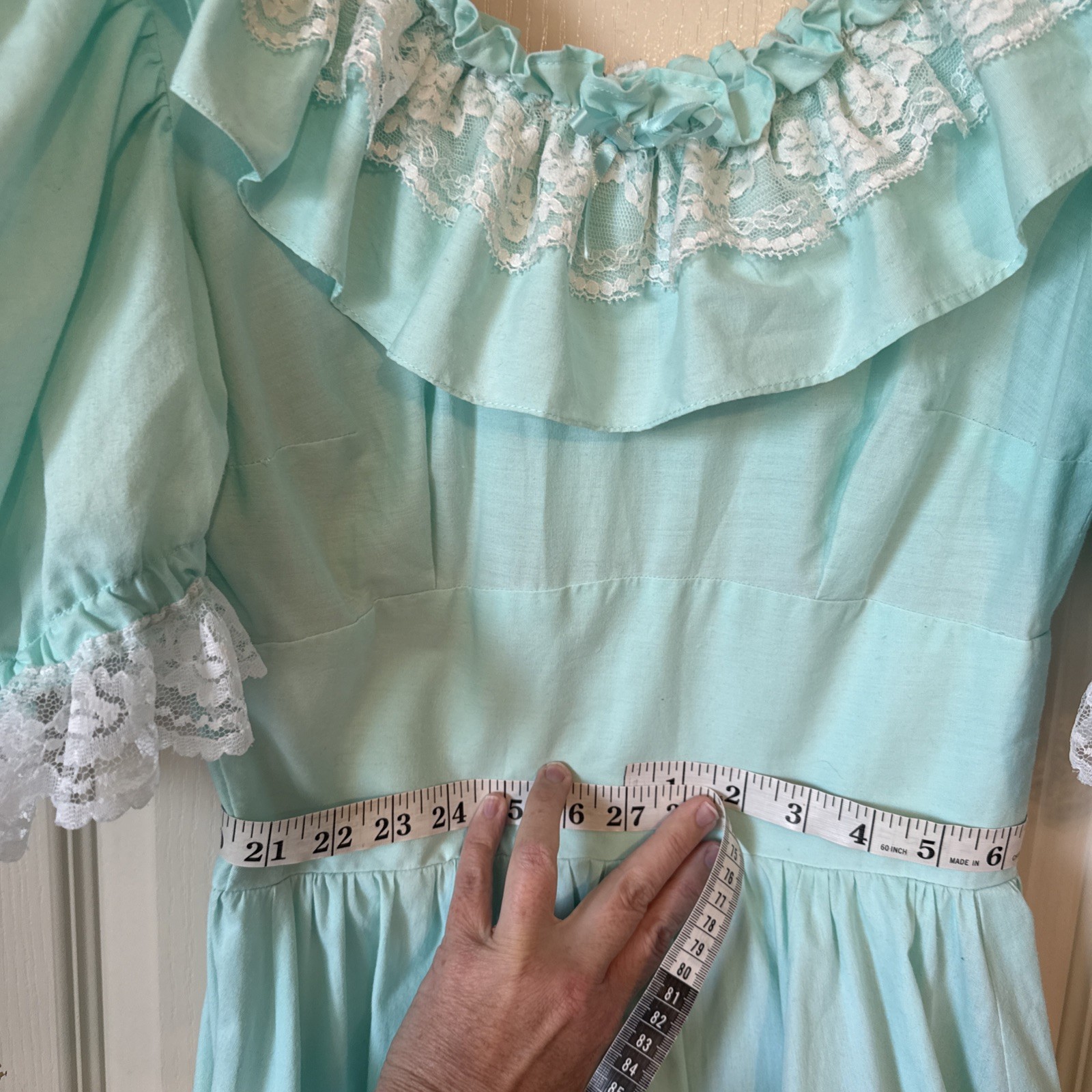 Vintage Large Square Dance Dress Mint Green Lace Prairie Western Cottagecore