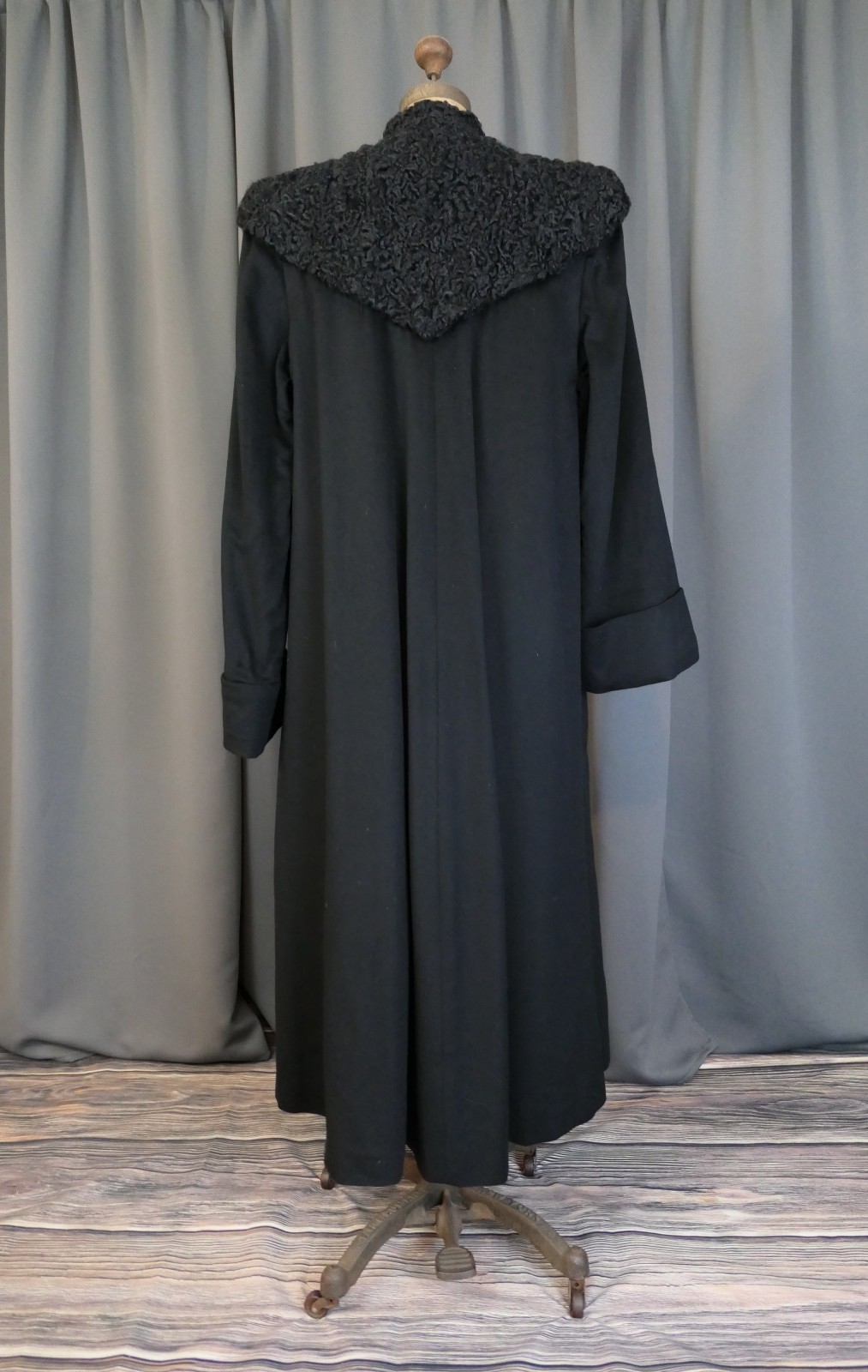 Vintage 1940s Black Wool Coat Winter with Persian Lamb Fur Collar, 40 inch bust