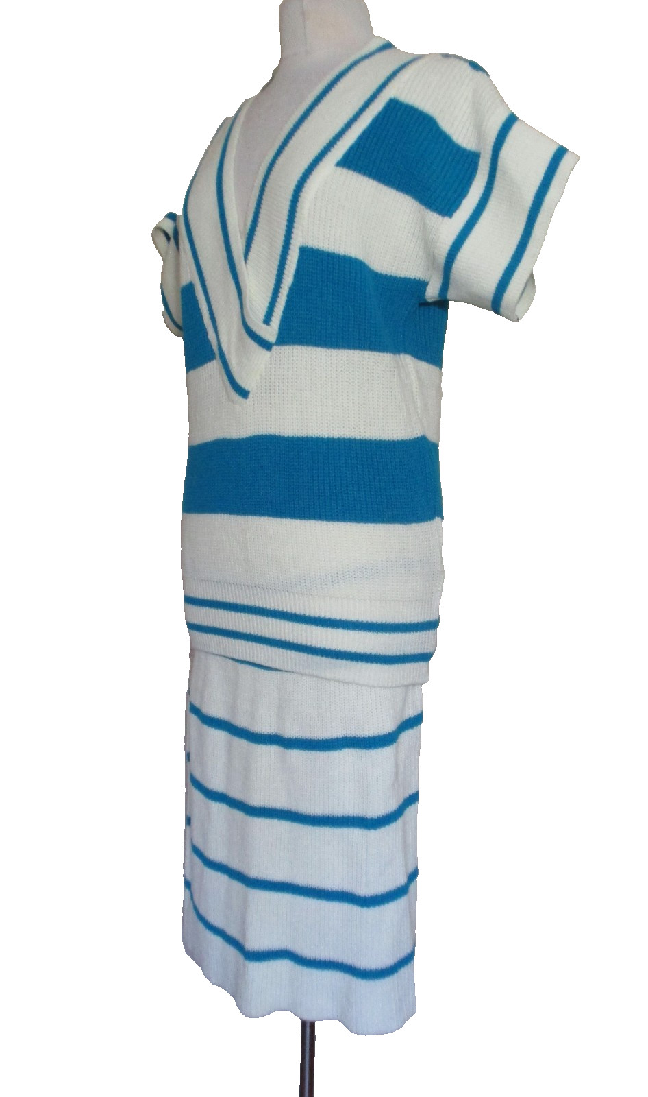Vintage A’Milano Knit Sweater & Skirt Set M/L Women Ivory Turquoise Striped
