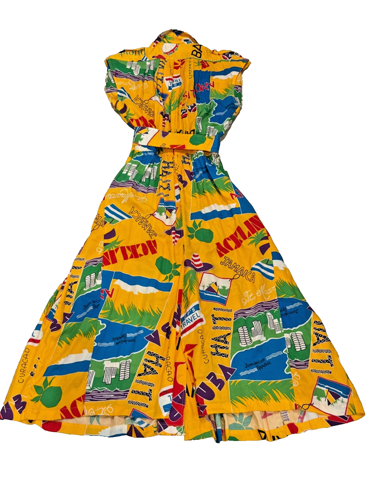 Vintage 1980s Karen Alexander Caribbean Print Belted Midi Dress Tropical Size 10