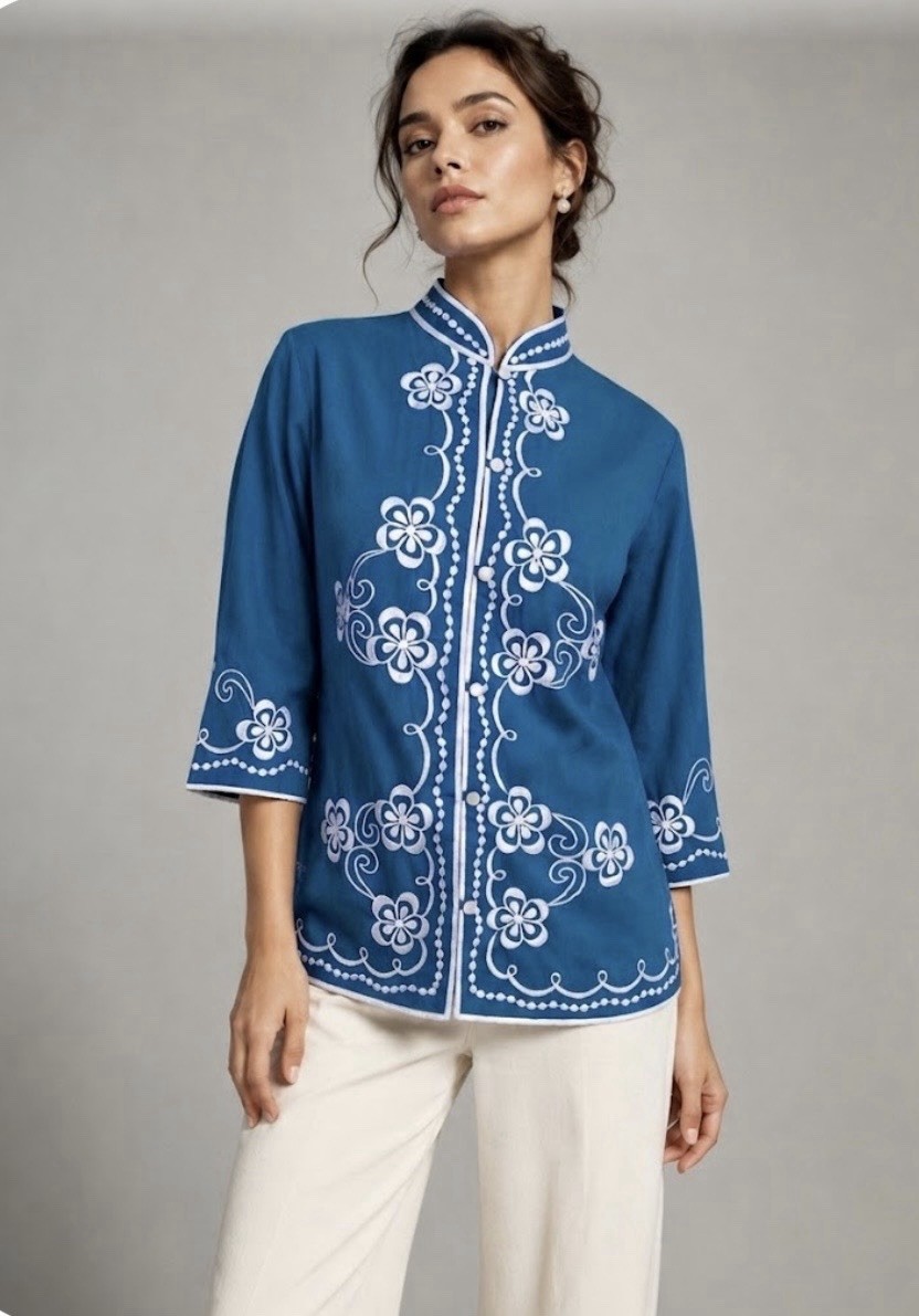 Women’s Vintage 1970s Caro of Honolulu Blue Embroidered Tunic Top Sz 12