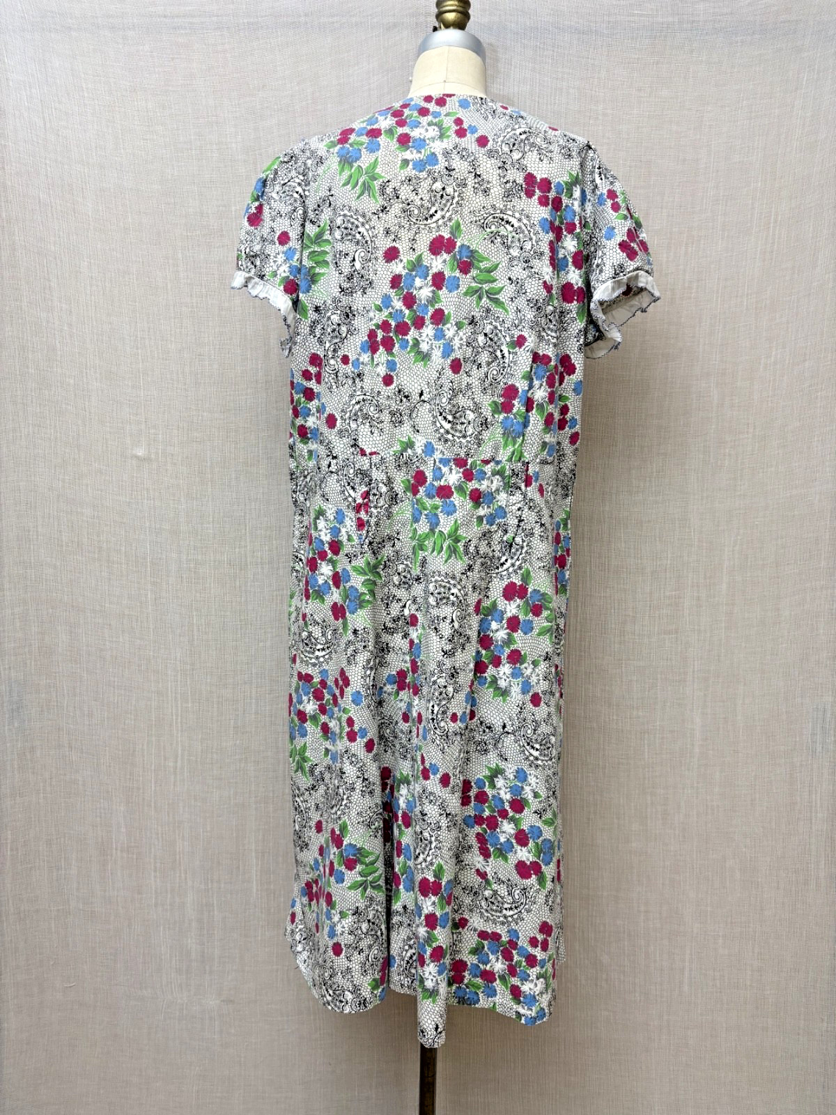 Vintage 40s 50s Zipper Day Dress Volup Novelty Cotton Pouf Sleeve Ruffle XL 2XL