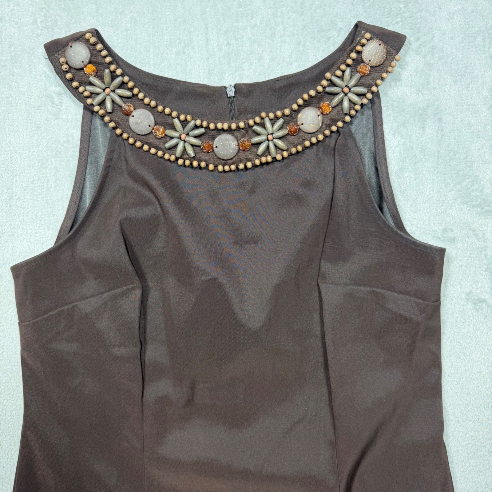 Vintage 90s Brown Beaded Neckline Sheath Dress Size 12 L