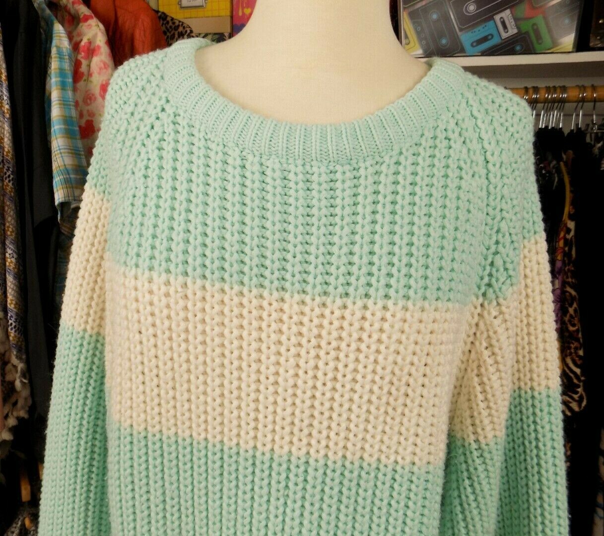 One Step Up Vintage Pastel Mint Green White Striped Sweater L Large Acrylic Cute