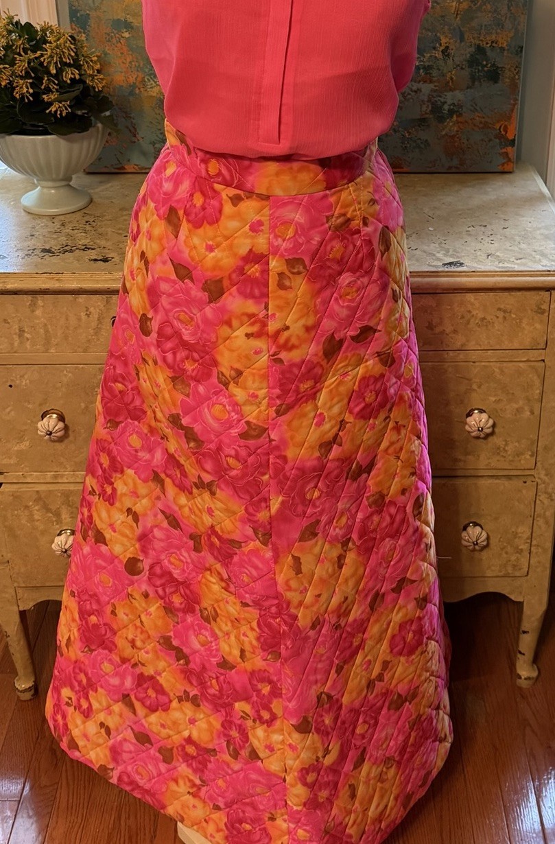 Vintage Custom Pink Yellow Quilted Floral Maxi Skirt-XS/S
