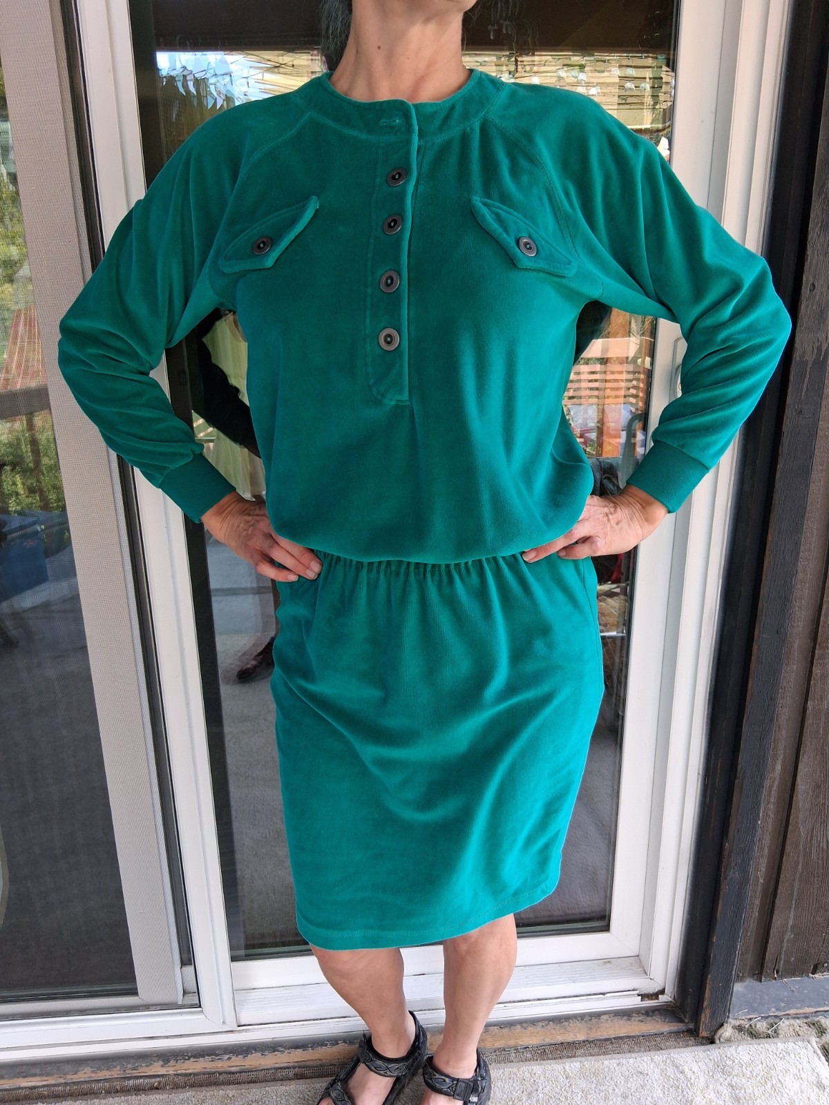 Vintage Velour Shirtdress With Fitted Skirt And Button Flap Pockets