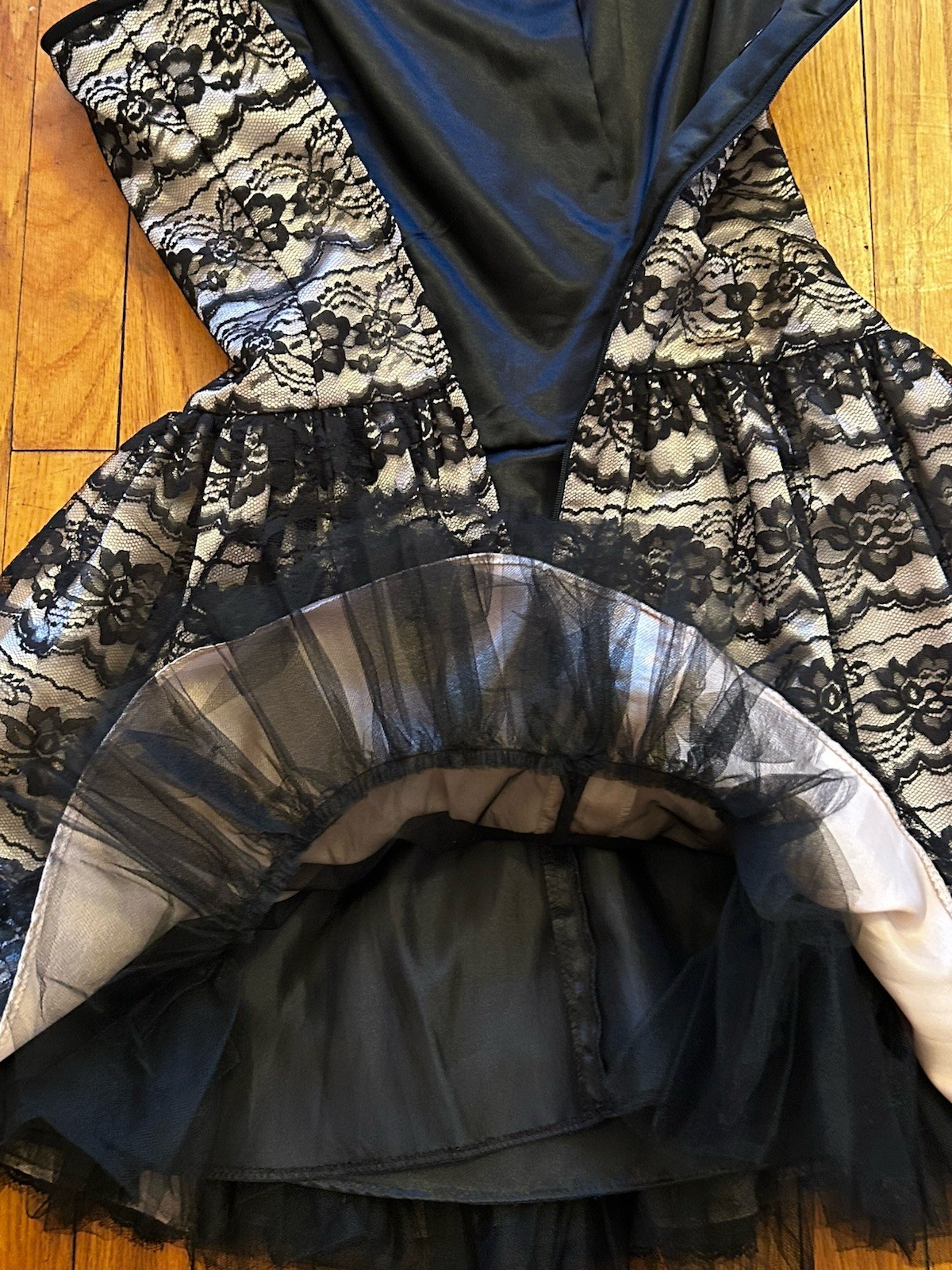 VTG 90s Gunne Sax Black Lace Champagne Satin Strapless Formal Prom Mini Dress 4