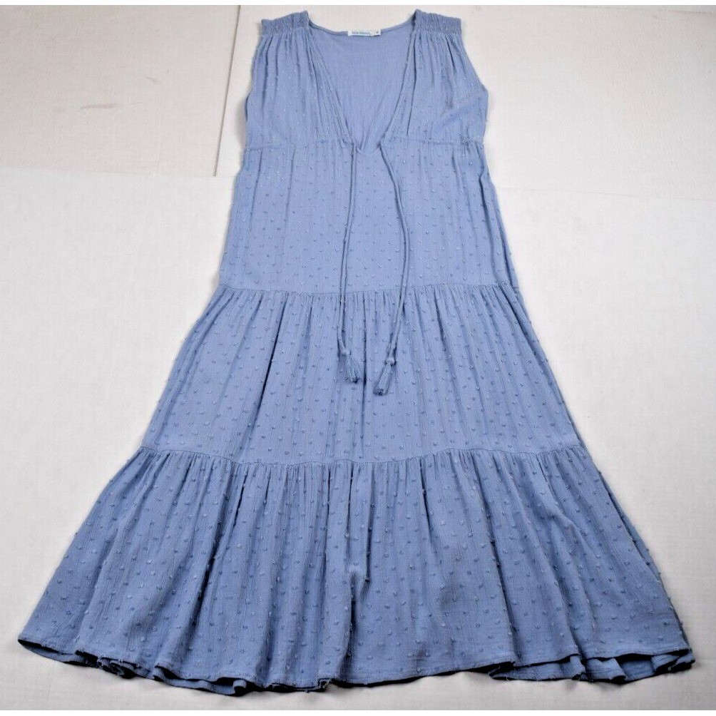 Vintage Sleeveless Dress Blue Island Size S/M 90s Rayon Tiered Textured Bust Tie