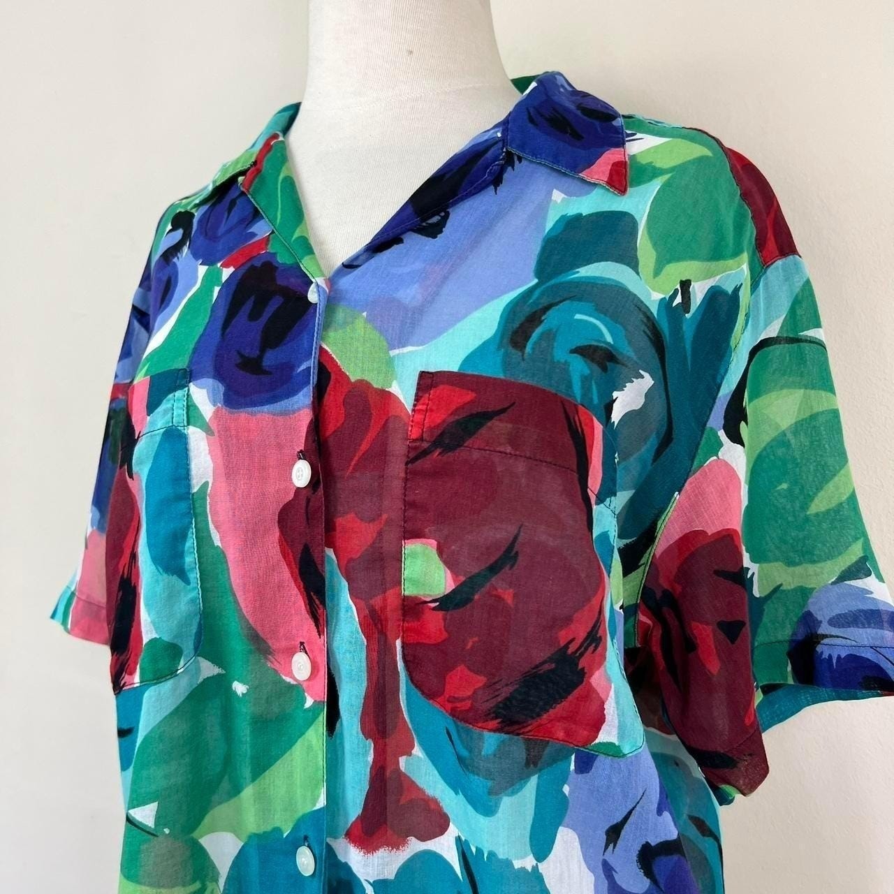 vintage 90s cotton Esprit button up sheer abstract print blouse tropical floral
