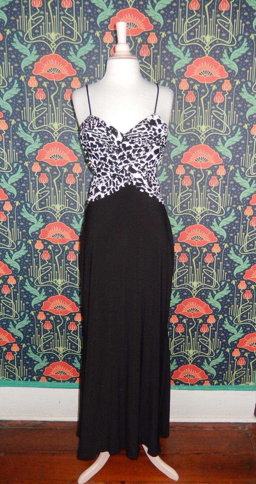 Vintage Y2K Black White Animal Leopard Print Strappy Back Prom Hoco Formal Dress