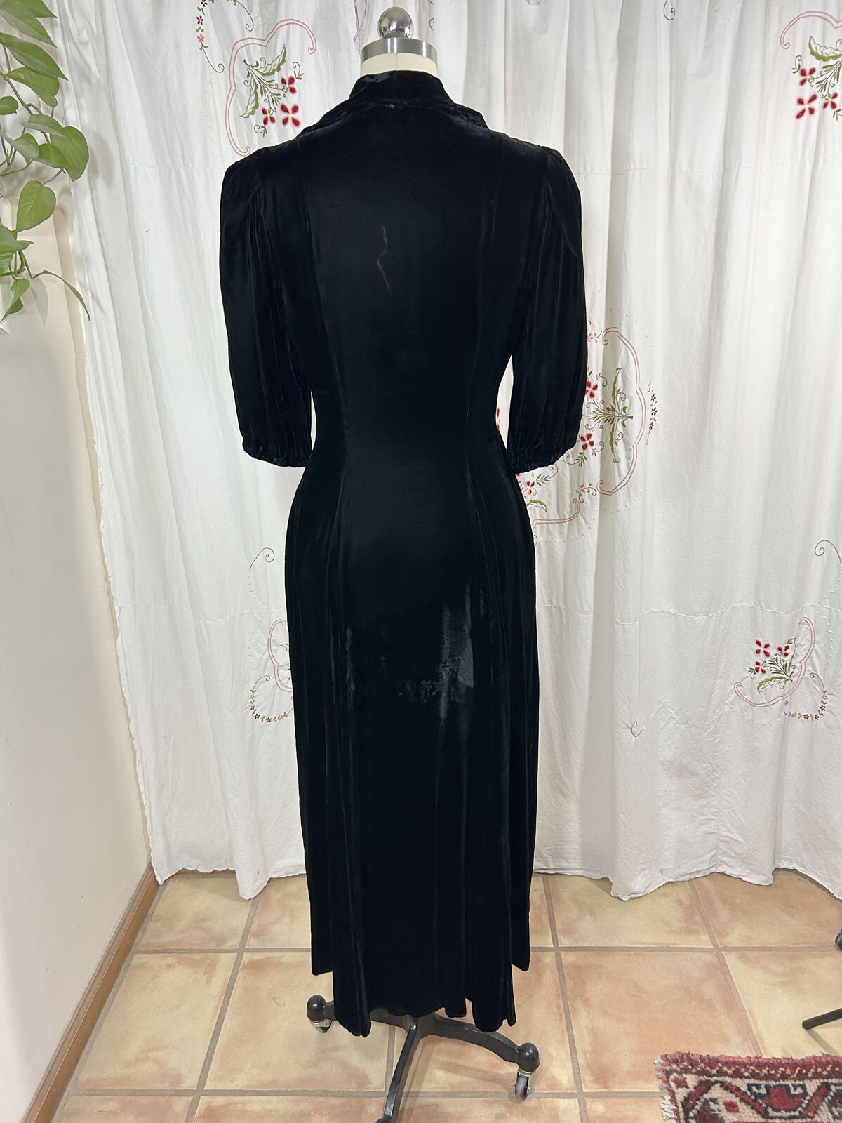 Vtg 30s Black Silk Velvet Long Dress Rhinestone Buttons Evening Hollywood sz 8/S