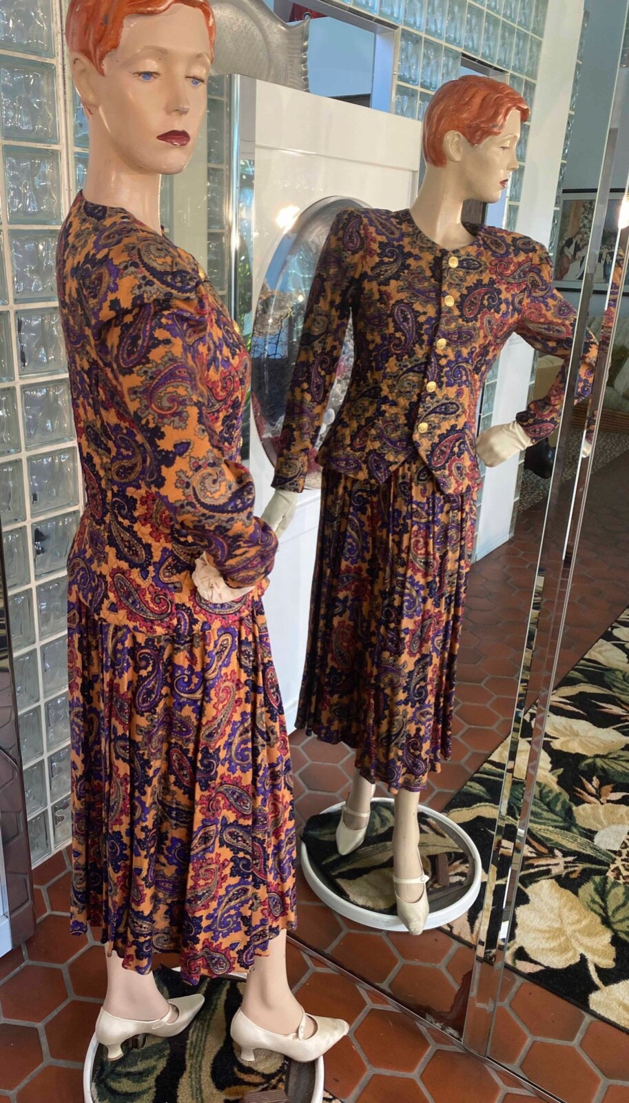 VTG 90s Jeffrey & Dara Suit Dress S Autumn Paisley 2pc Pleat Skirt Secretary
