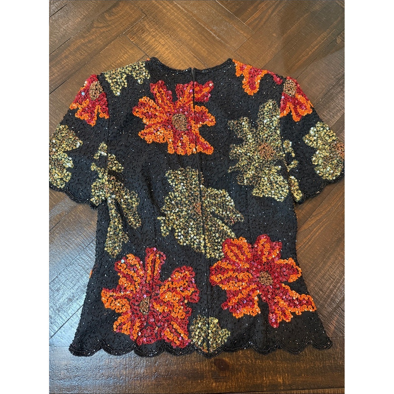 Vintage Silk Beaded Floral Top Black Sequin Scalloped Fitted M