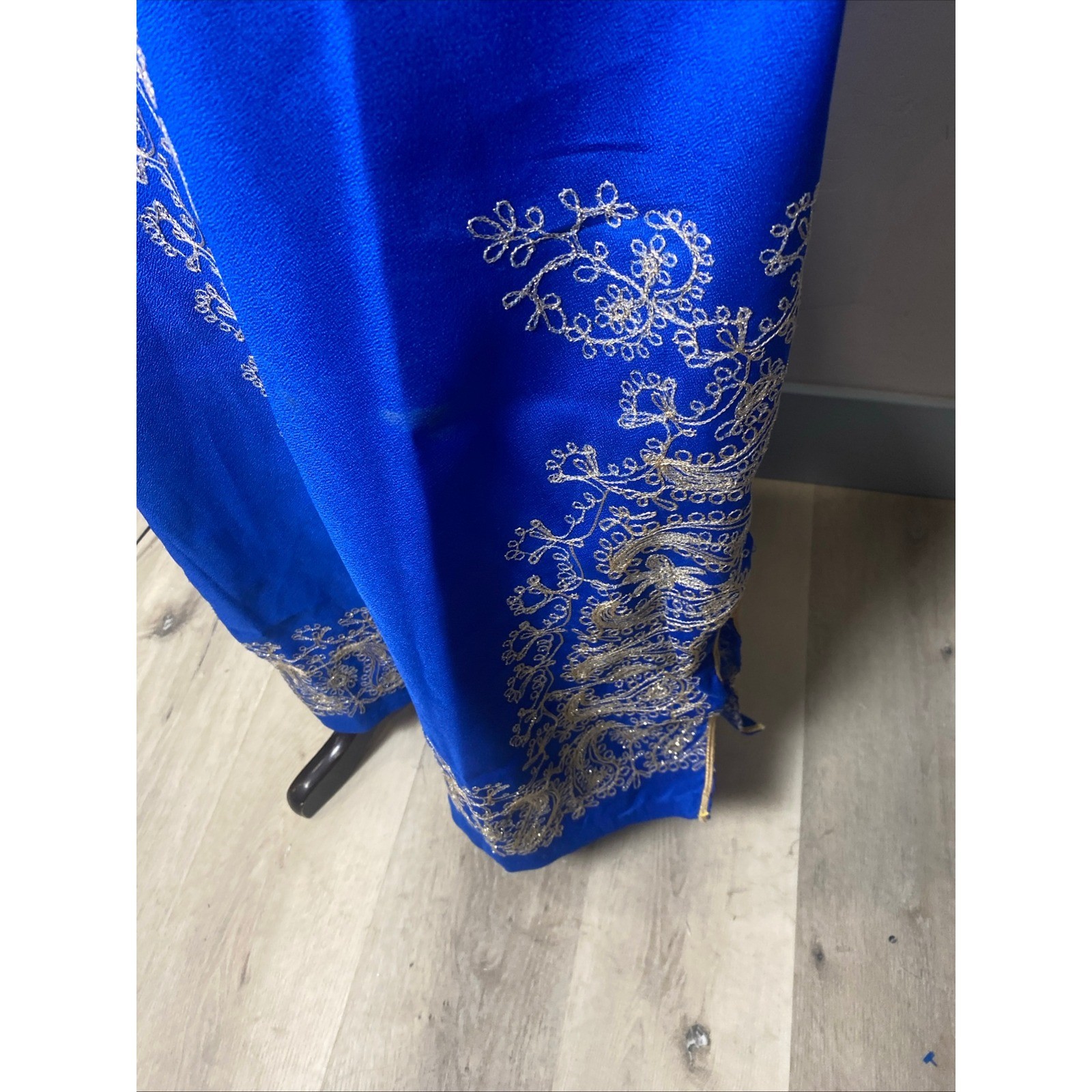 Vintage 60s Royal Blue Gold Embroidered Kaftan Hippie Boho Maxi Dress Paisley