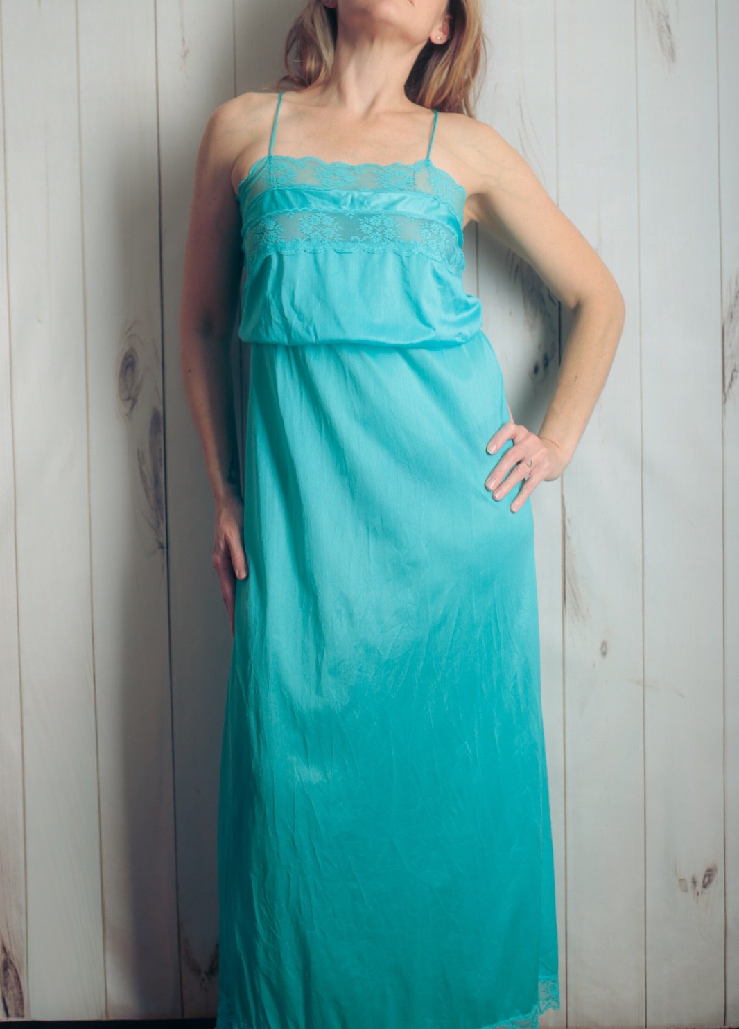 Flair Lingerie Vintage Retro Glam 80s Satin Sheer Lace Peignoir Slip M Aqua Blue