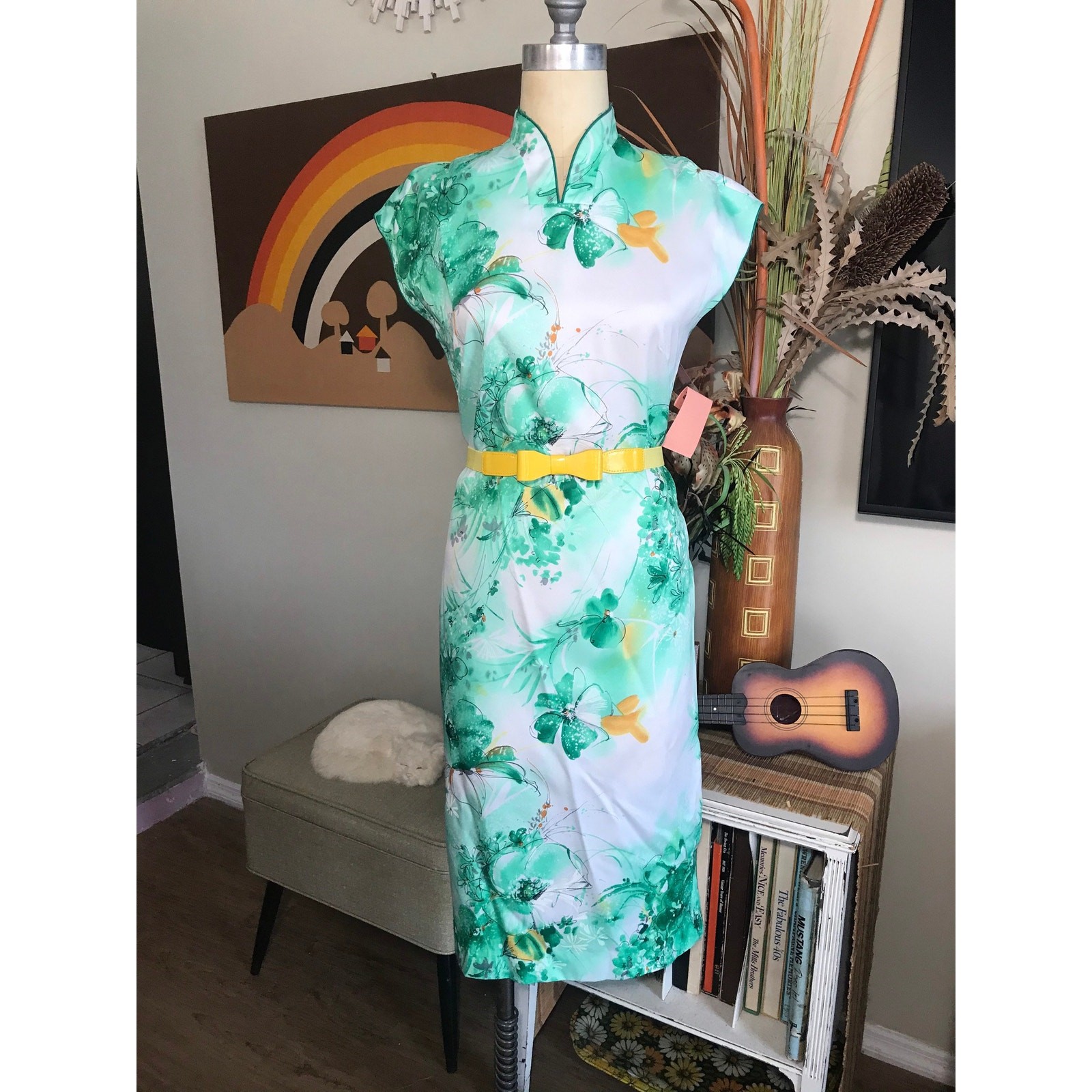 Vintage 1970s Polynesian Casuals Hawaii Floral Dress Green Yellow White Resort