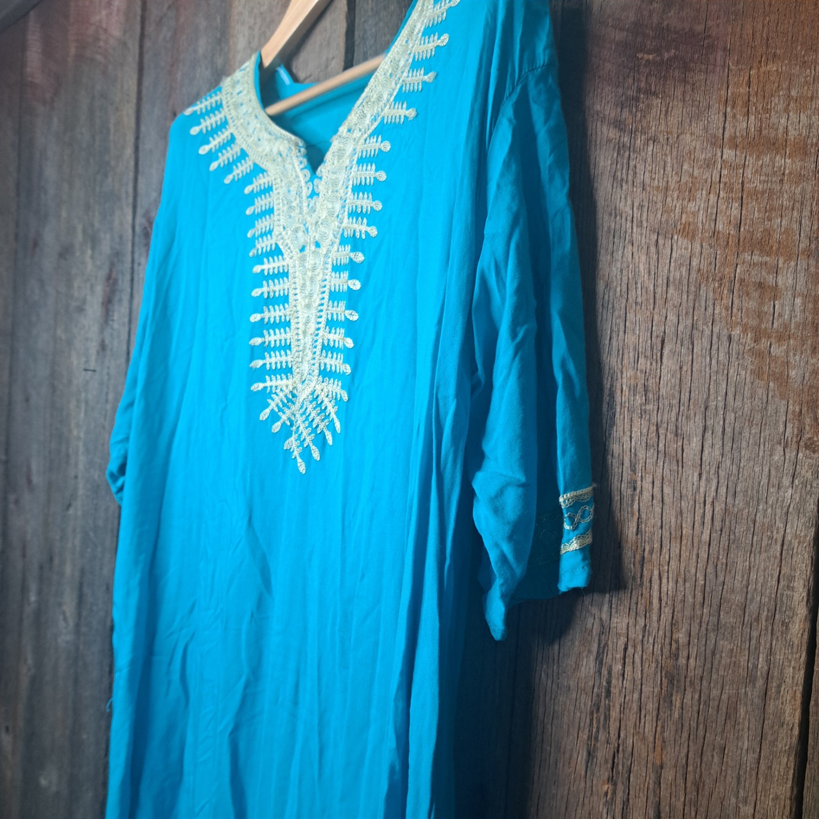 Boho Vintage Hours Aegean Turquoise Gold Moroccan Embroidered Kaftan Maxi Dress