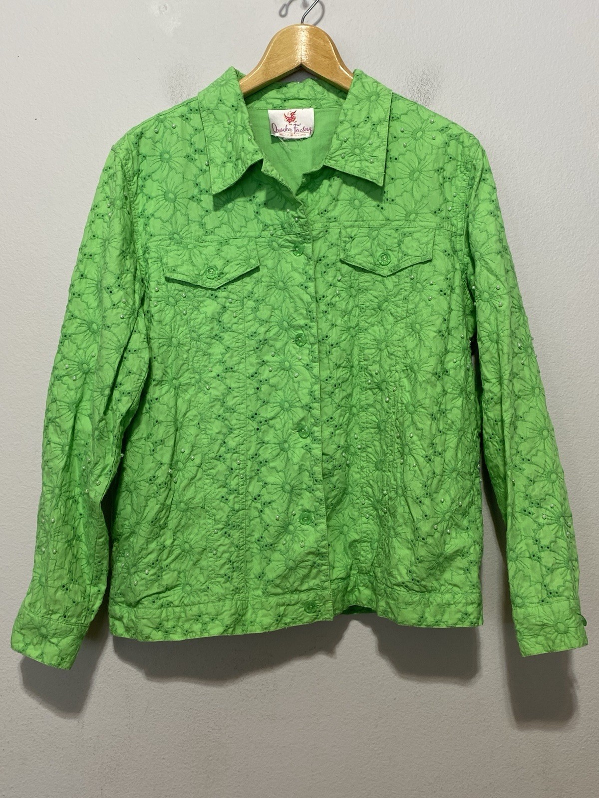 Vintage Quacker Factory Women’s Green Embroidered & Beaded Jacket Sz Lg