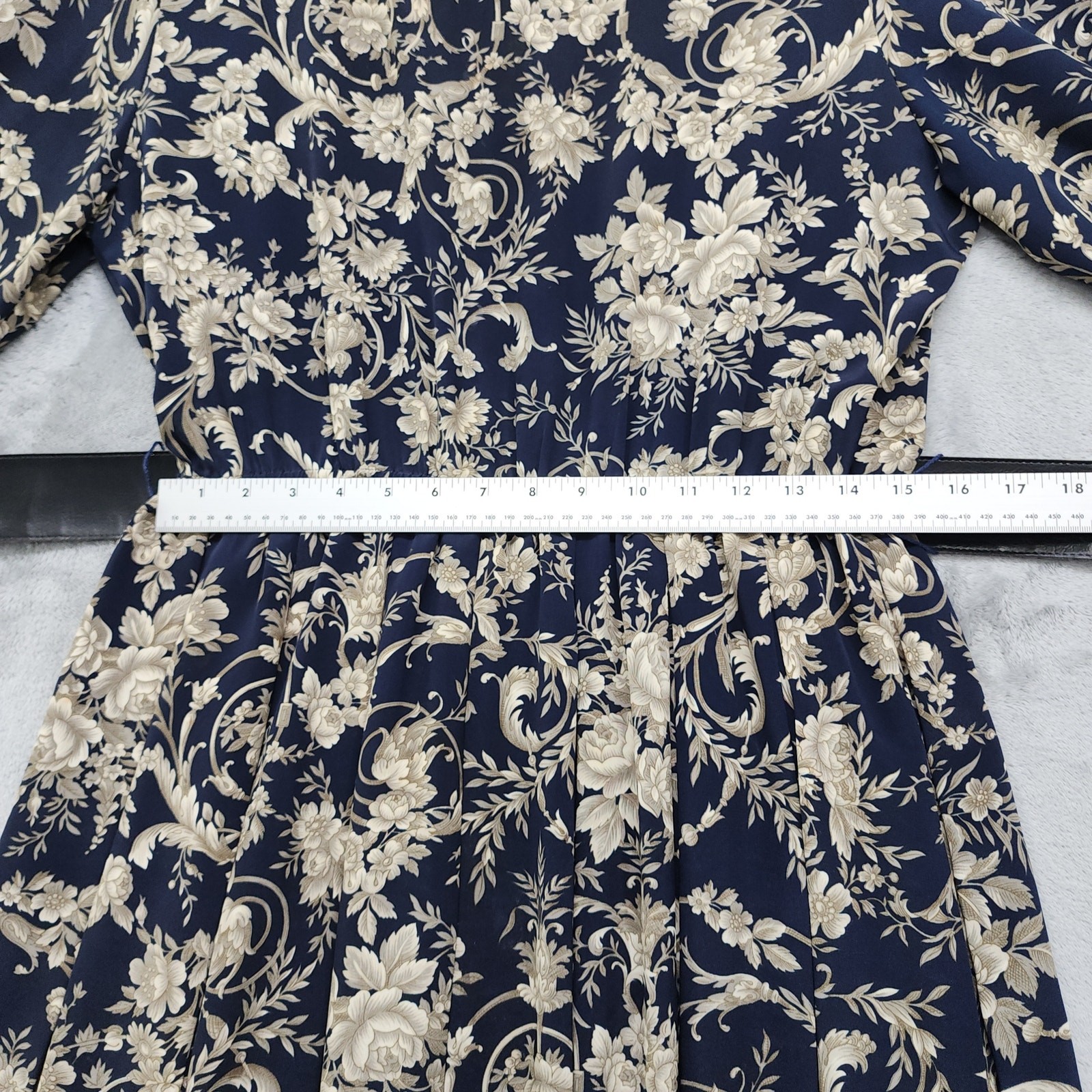 Vintage 80s Pellini by Von Bramlett Dress Size 14 Blue Tan Floral Belted Pleated