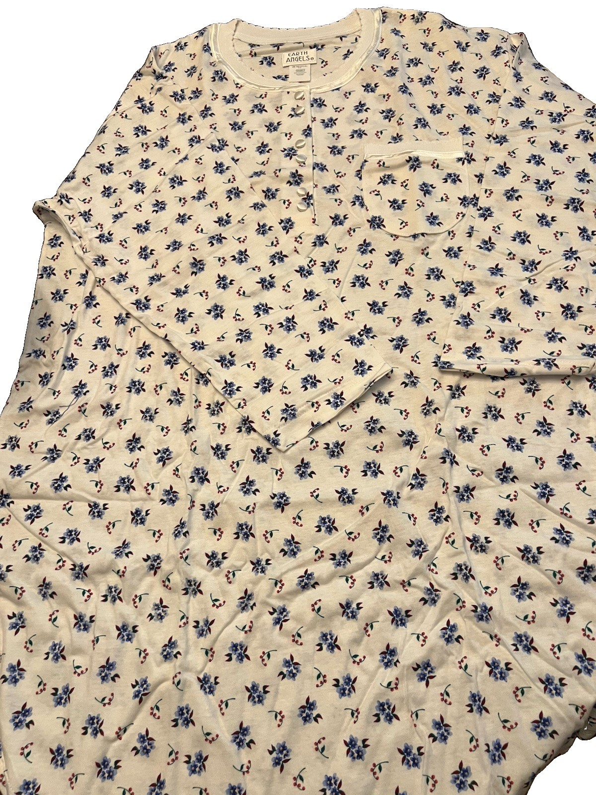 Vtg Earth Angels Floral Nightgown OneSize White/ Blue Satin Buttons & Trim