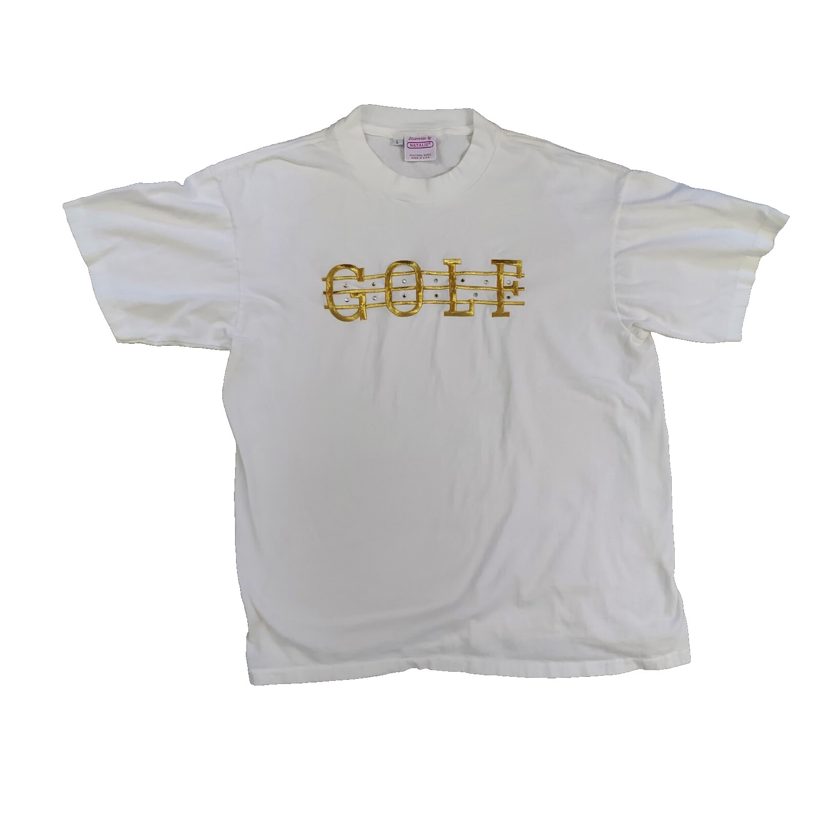 Vintage 90s Discoveries By Natalie Embroidered Golf T-Shirt White Gold USA L