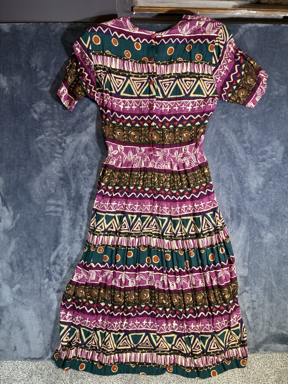RabbitRabbit Geometric Multicolor Pink Rayon 90s Vintage Dress with Belt Size 12