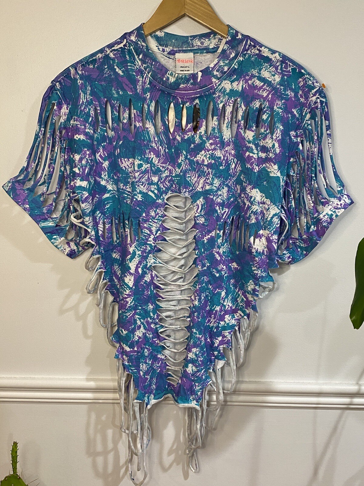 Vintage 80s Tear Wear Tie Dye Shredded T-Shirt Womens L Blue New Wave Punk Top