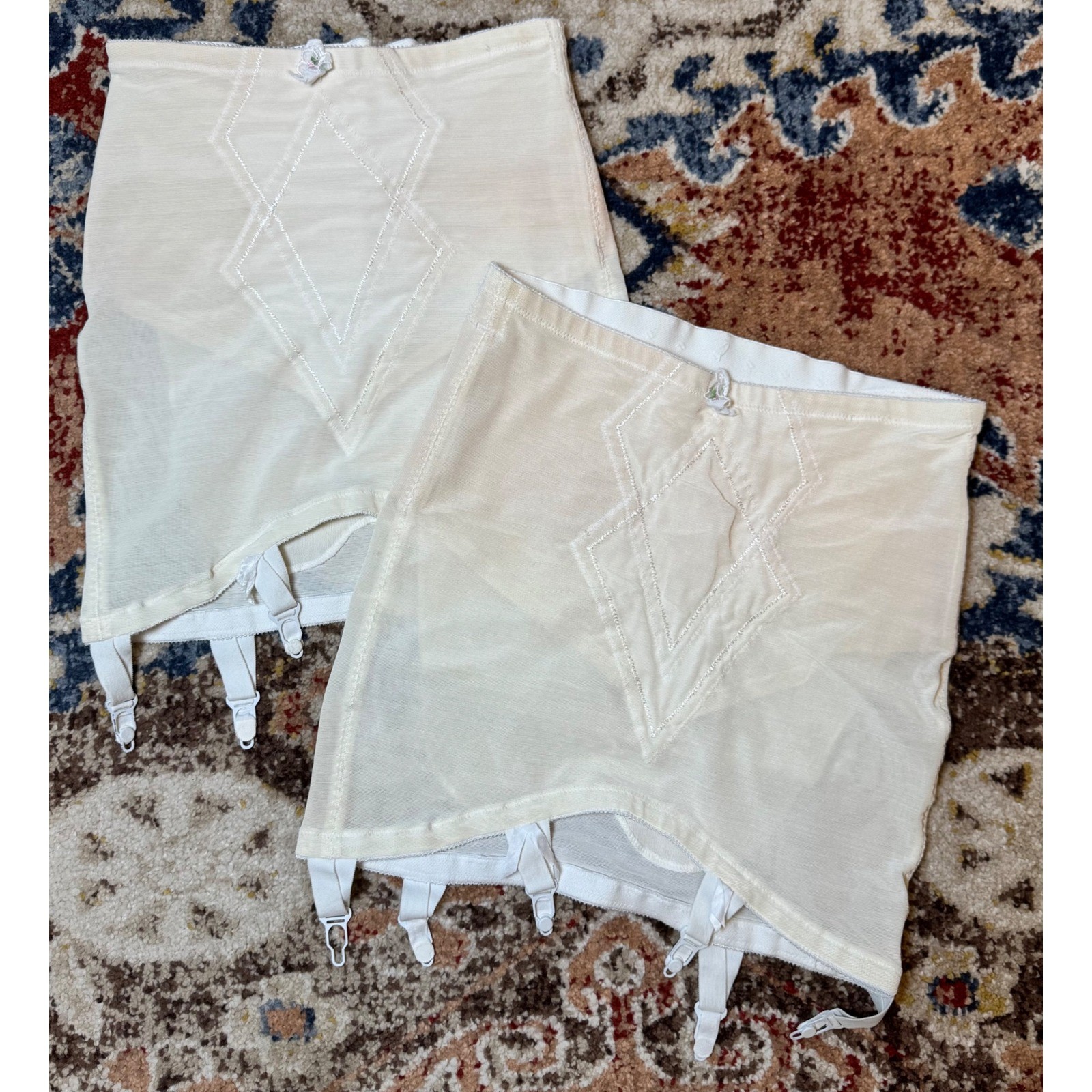 Vintage High Waisted Girdle Set Cream Diamond Stitch Garter Clips Large 29/30