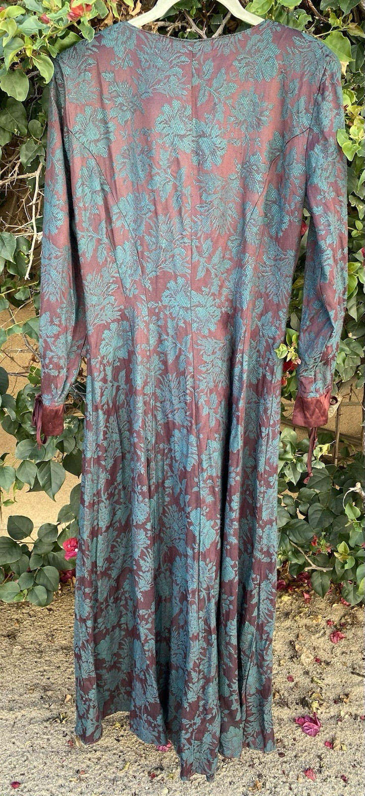 Vintage 80s 90s Karen Alexander Floral Jacquard Maxi Dress Burgundy Green USA 8