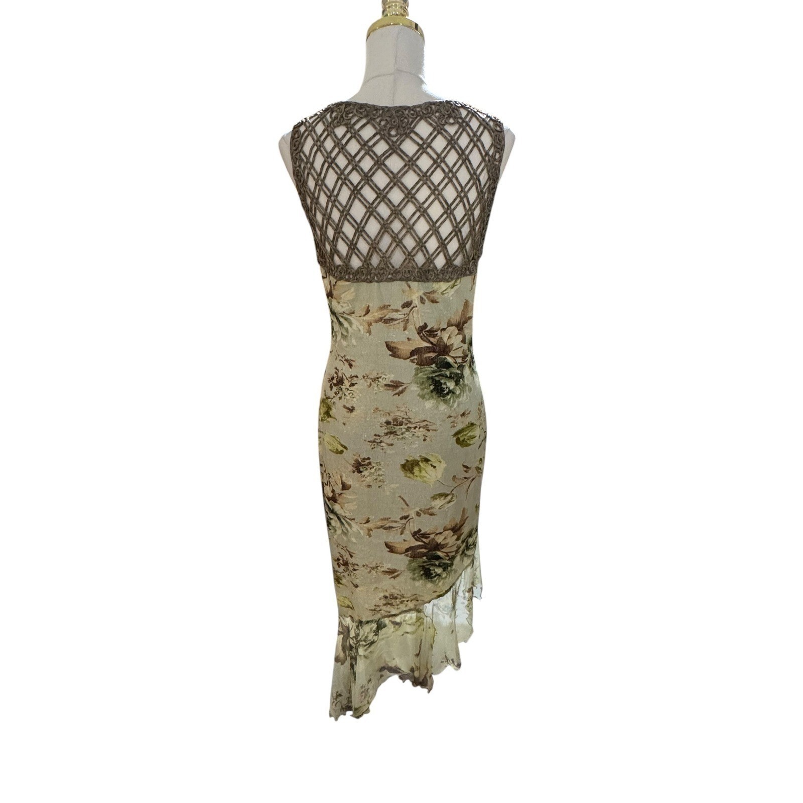 Vintage Casadei Dress Floral Macrame Back Asymmetrical Hem Green Brown Large
