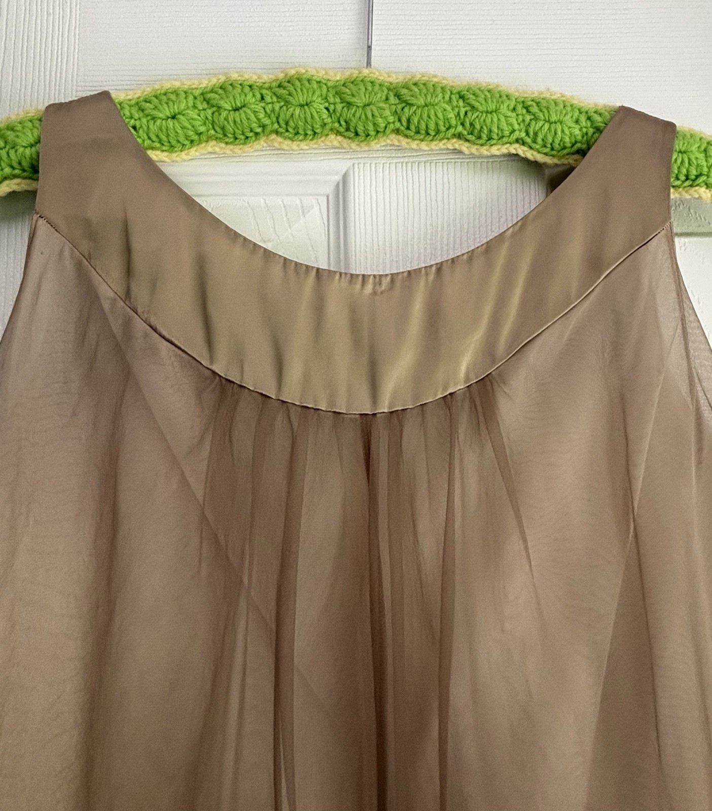 VTG Gossamer Artemis Nylon Chiffon Lace Nightgown Beige Med Petite Short 34”