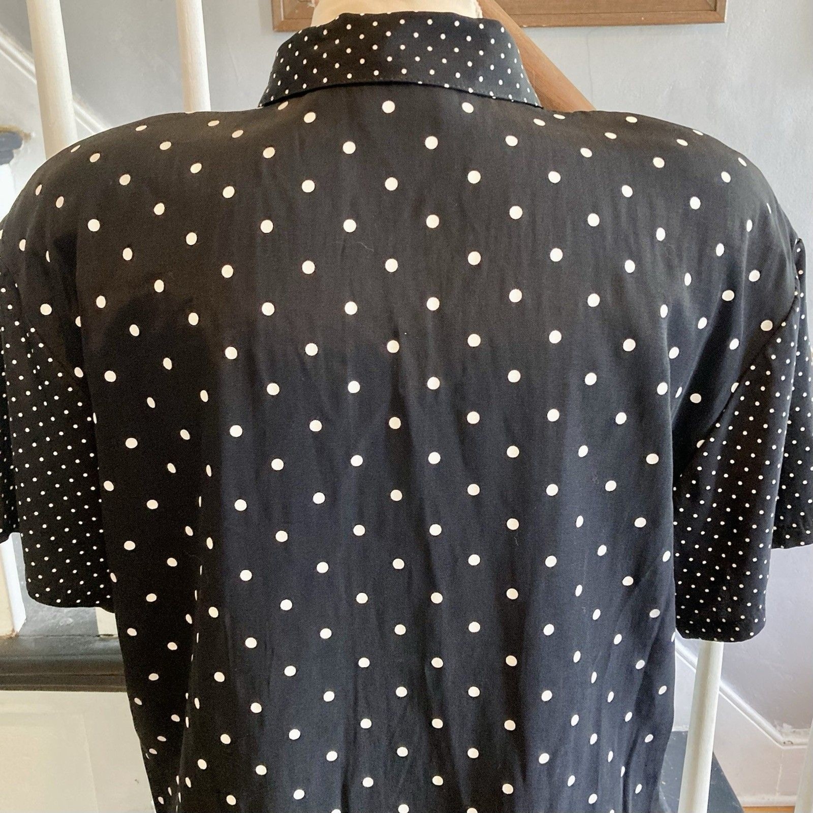 1980s 1990s Black And White Polka dot Shirt Shoulder Pads New Wave Work 9 To 5