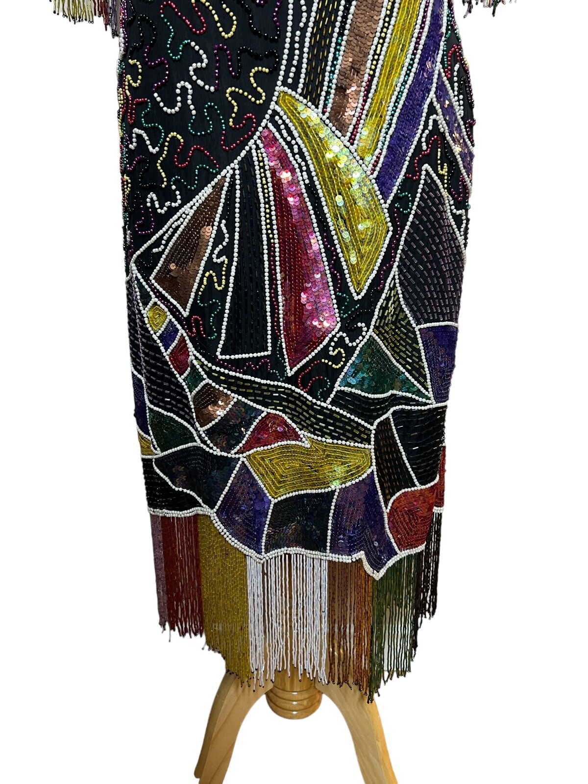 Vintage Beaded Sequin Party Dress Art Deco to Wear 80s Abstract Black Silk Sz S