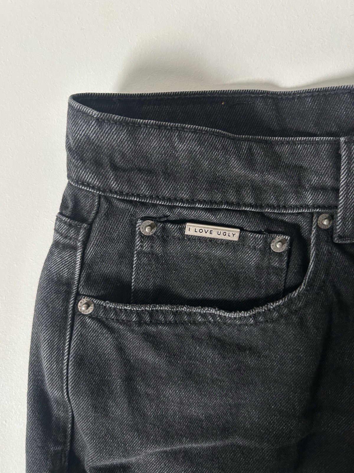 I Love Ugly Women’s Black Straight Denim Jeans Size M 5-Pocket Button Logo