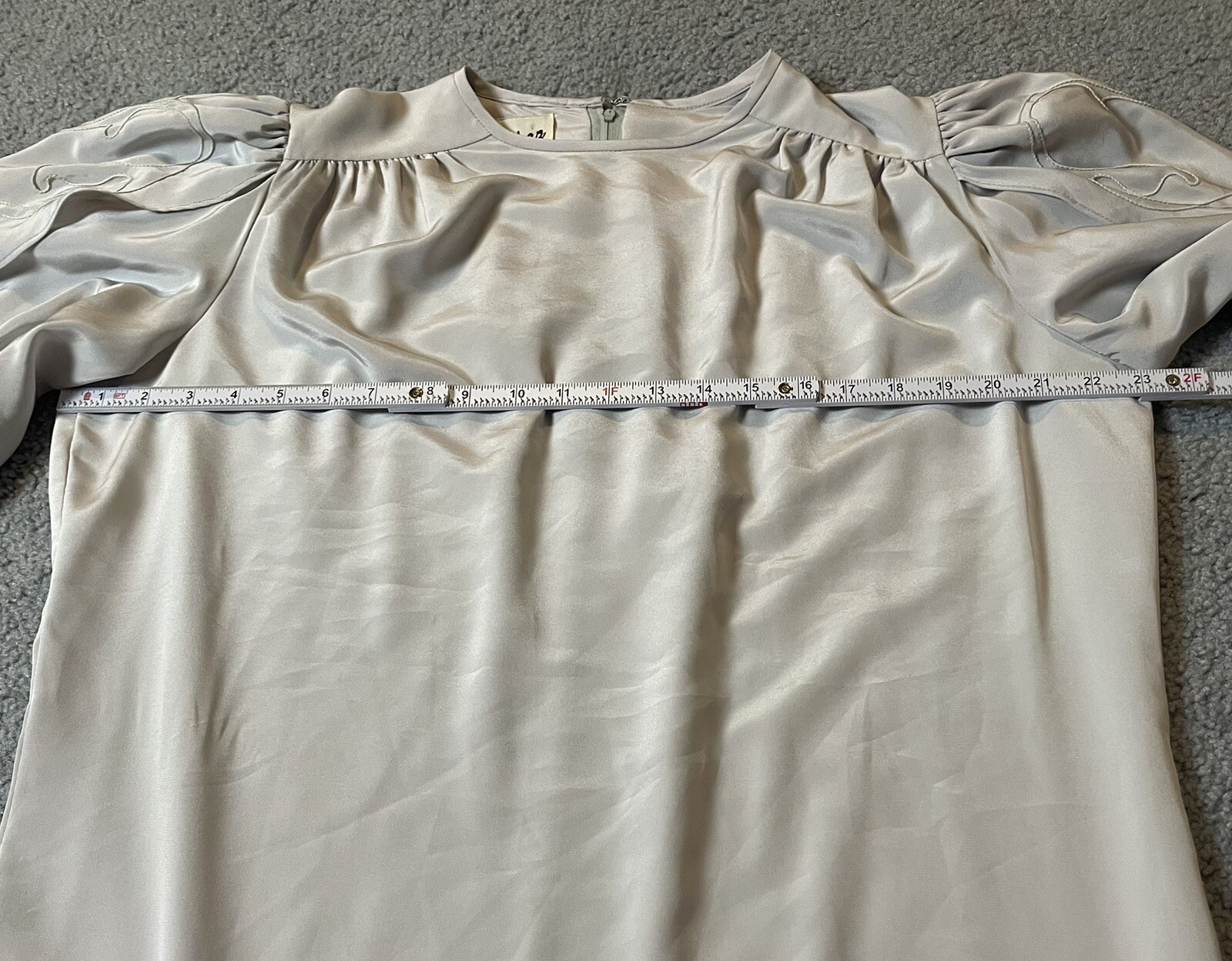 Vtg CHEZ CALIFORNIA Silver Satin Dress Sz L Tulip Sleeves Elegant Eveningwear