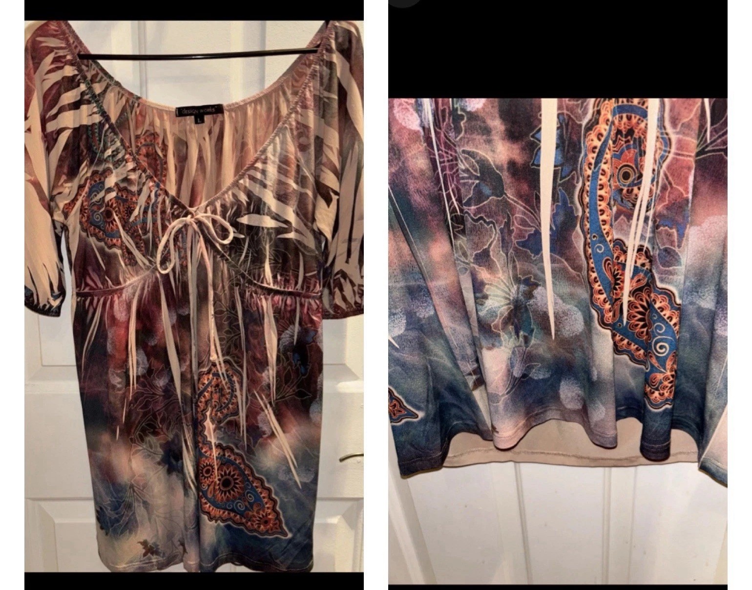 Women’s Large Top Boho Y2K Mandala Print V Neck Tunic Brown Tan Rust Blue Blouse