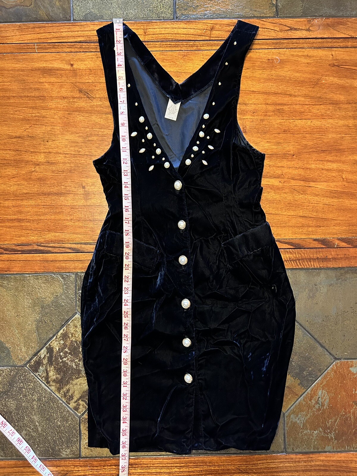 Vintage 1980s/90s XTRMZ Black Crushed Velvet Faux Pearl Buttons Sexy Dress 5/6