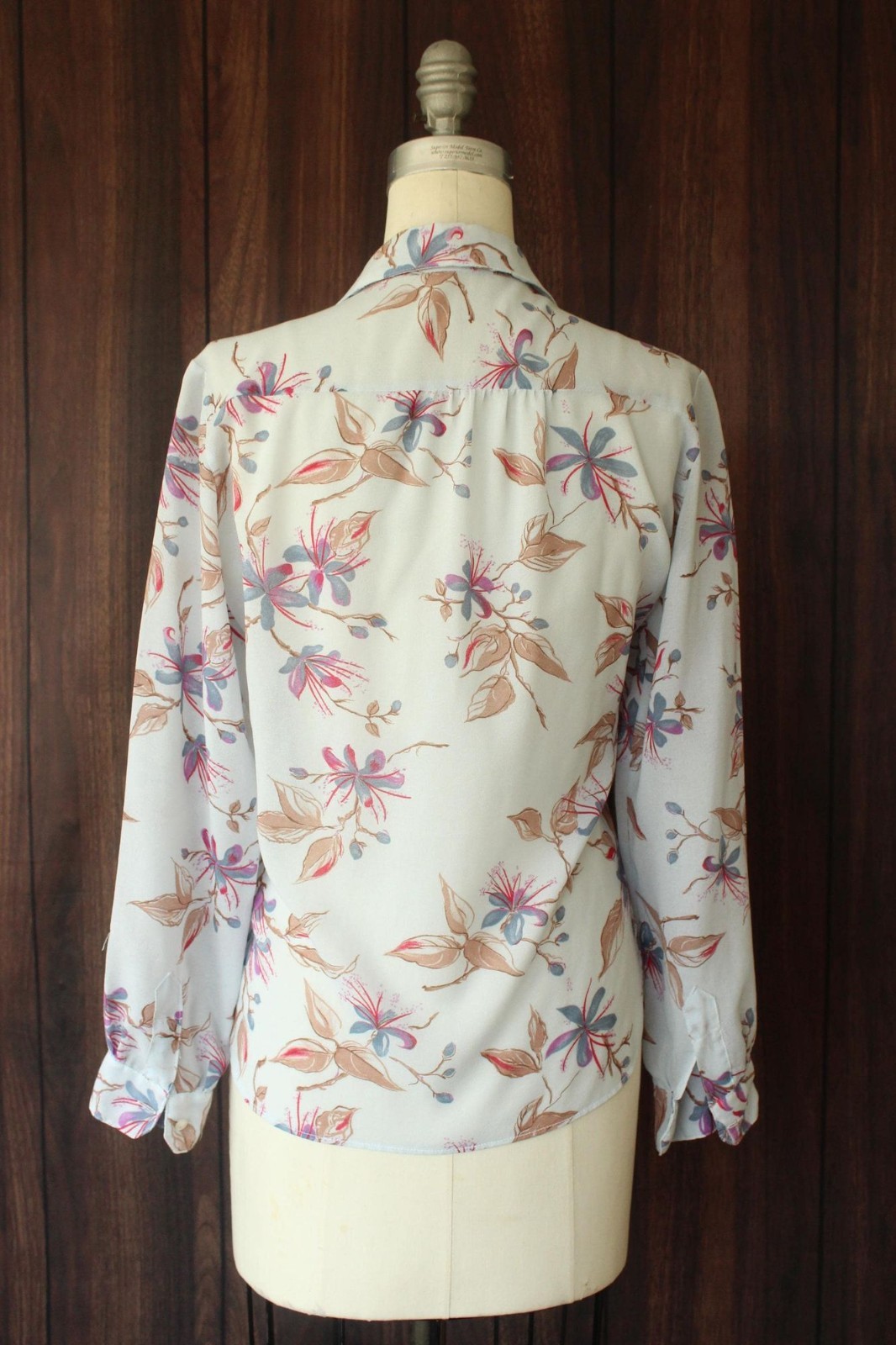 Vintage 1980s 1990s Blouse, Pale Blue Gray Chiffon with a Floral Print Button