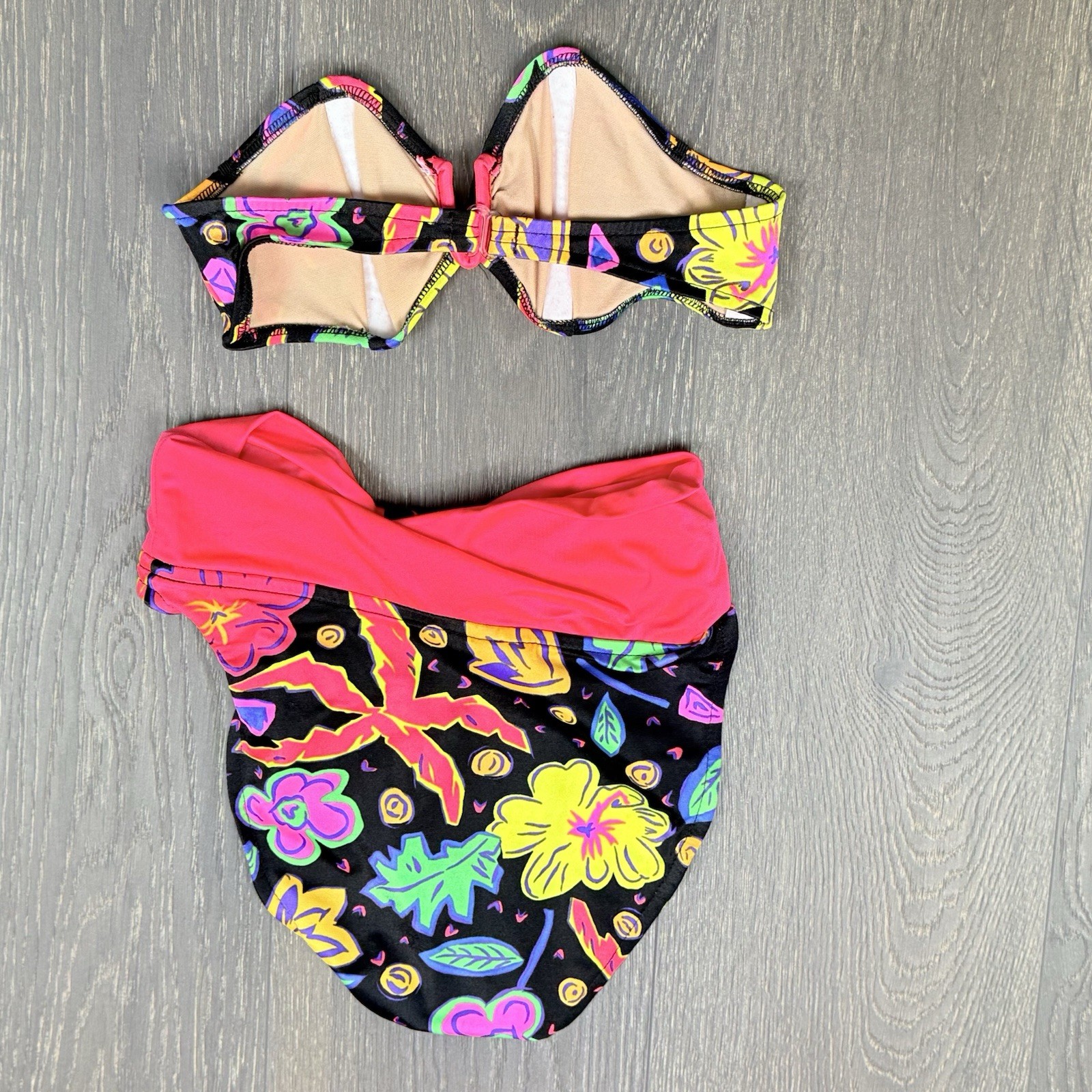 Vtg 90’s HOBIE Neon Notch Bandeau Bikini Top & Bottom Sz 5/6 Small MADE IN USA