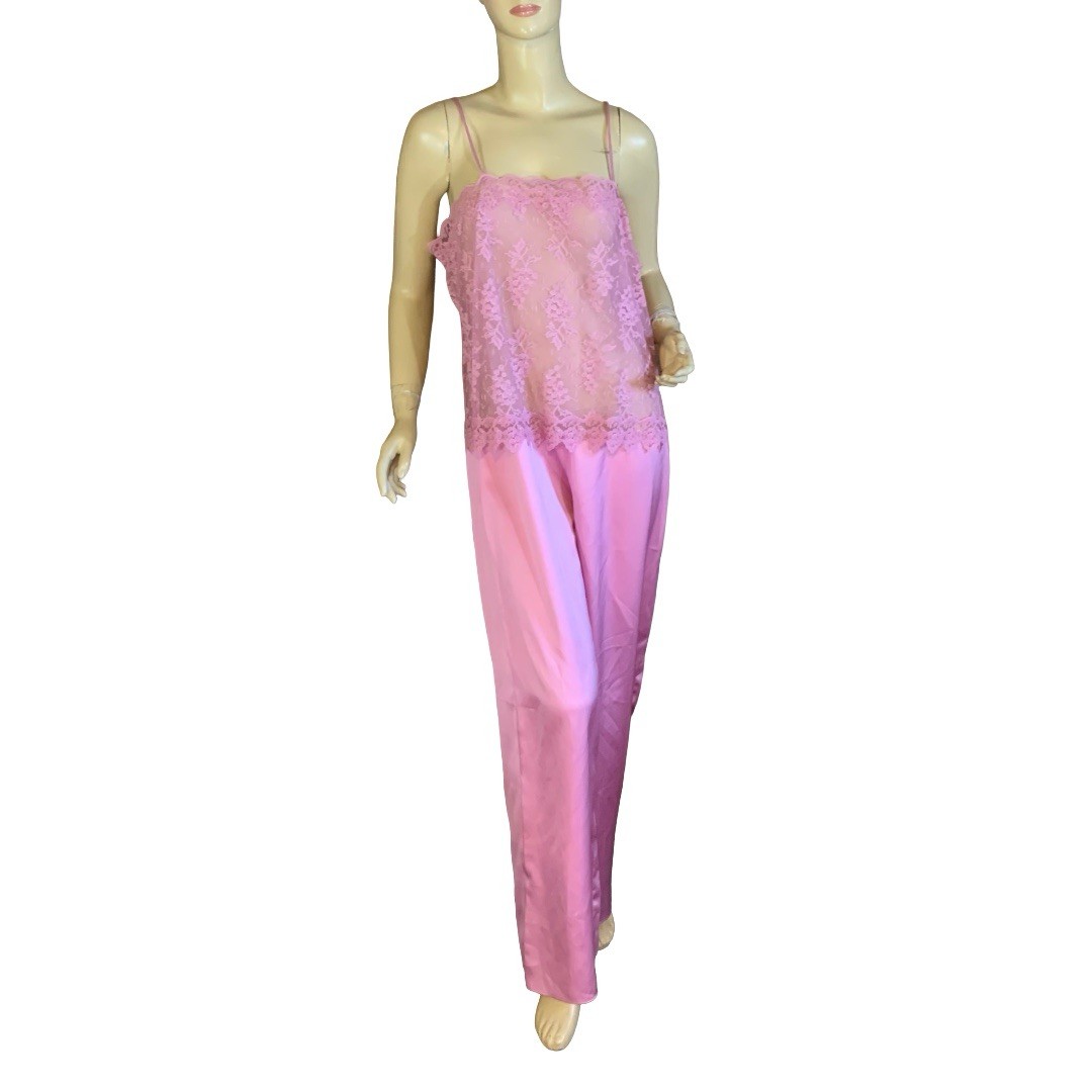 VINTAGE 1970’S GLYDONS HOLLYWOOD PINK SATIN & LACE PAJAMA SET NWT SIZE M/L