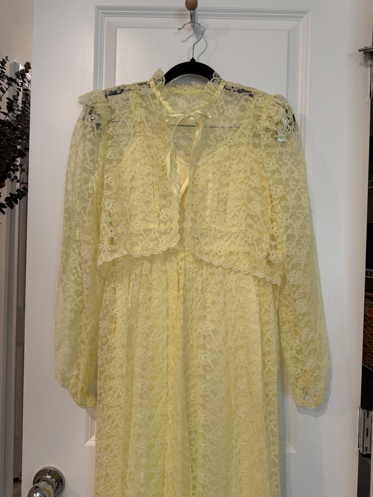 Women’s Vtg Yellow Maxi Dress Lace 2 Piece Set Size XS 70’s Prairie Croquette