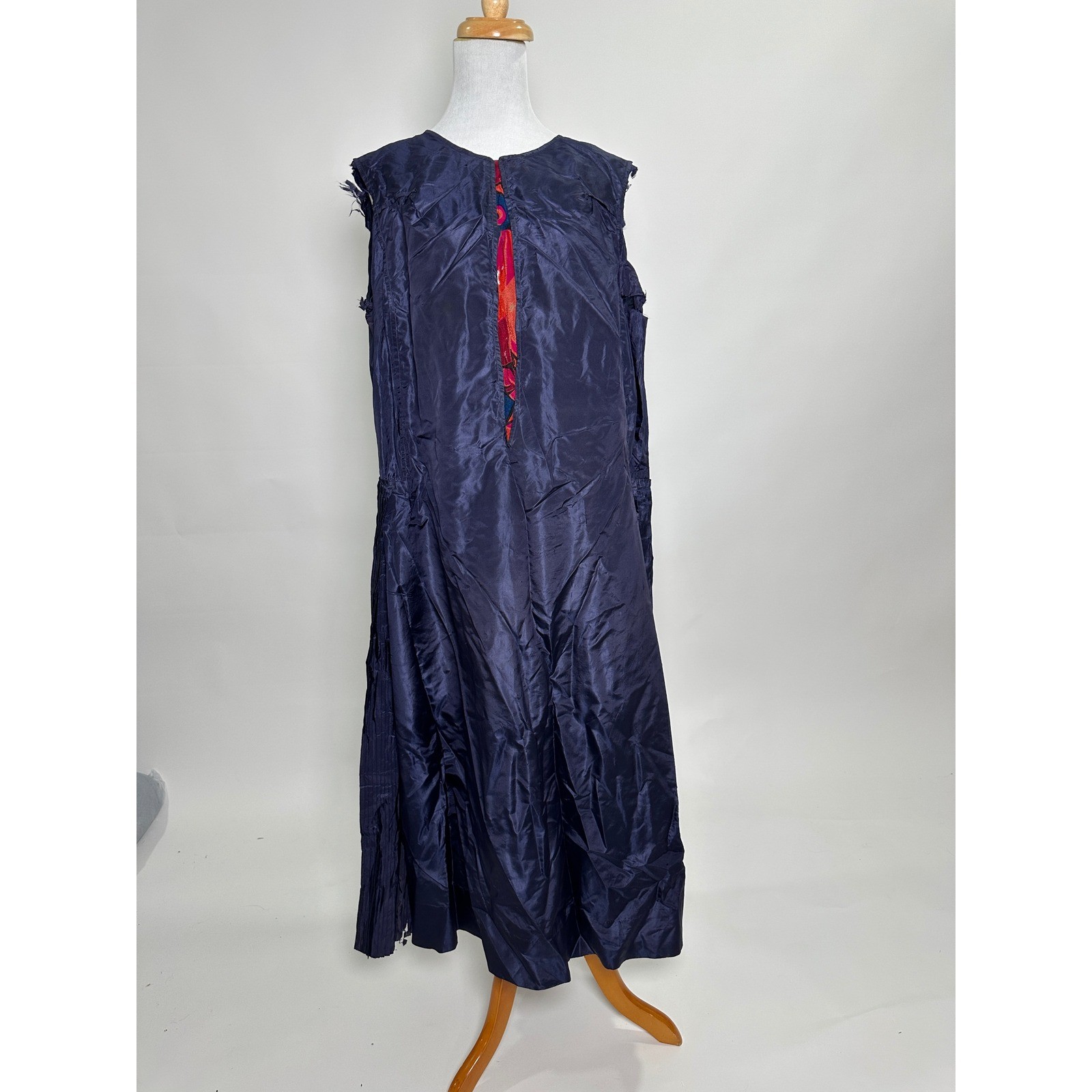 Antique 1920s 30s Navy Blue Silk Dress Pleated Study Scraps Pattern XL 46 Bust
