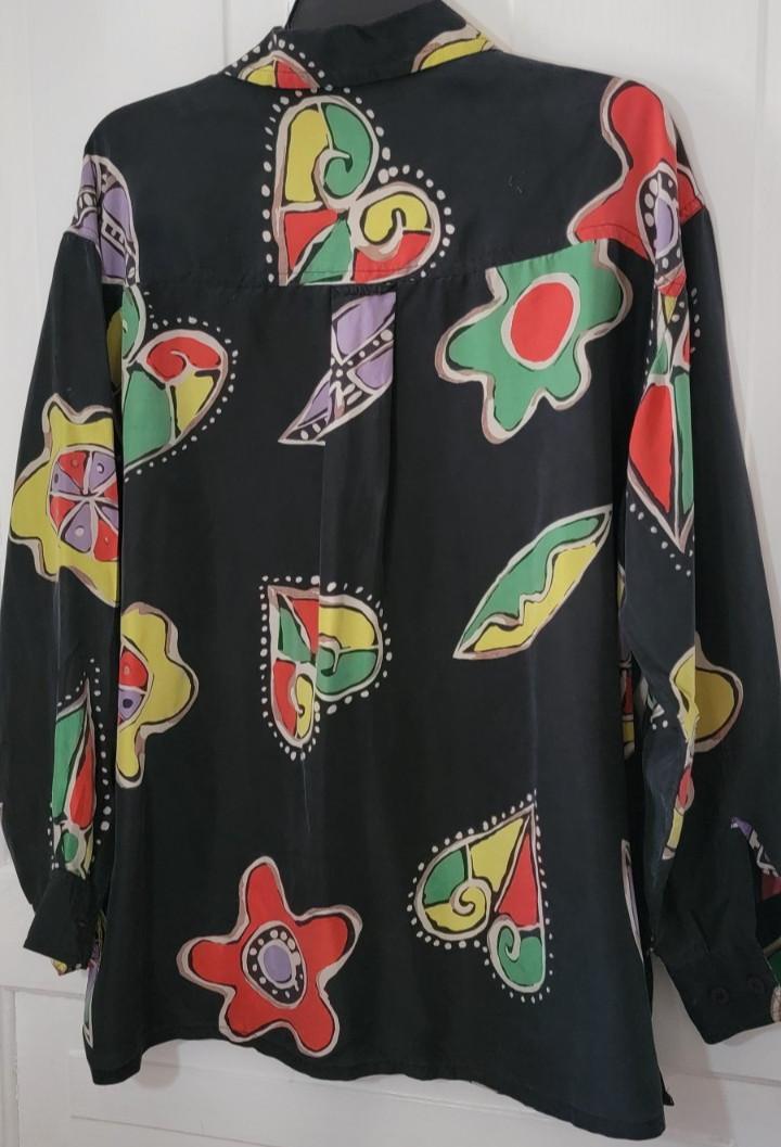 90s Vintage 100% Silk Fenn Wright & Manson Bold Abstract Button Front Blouse Med