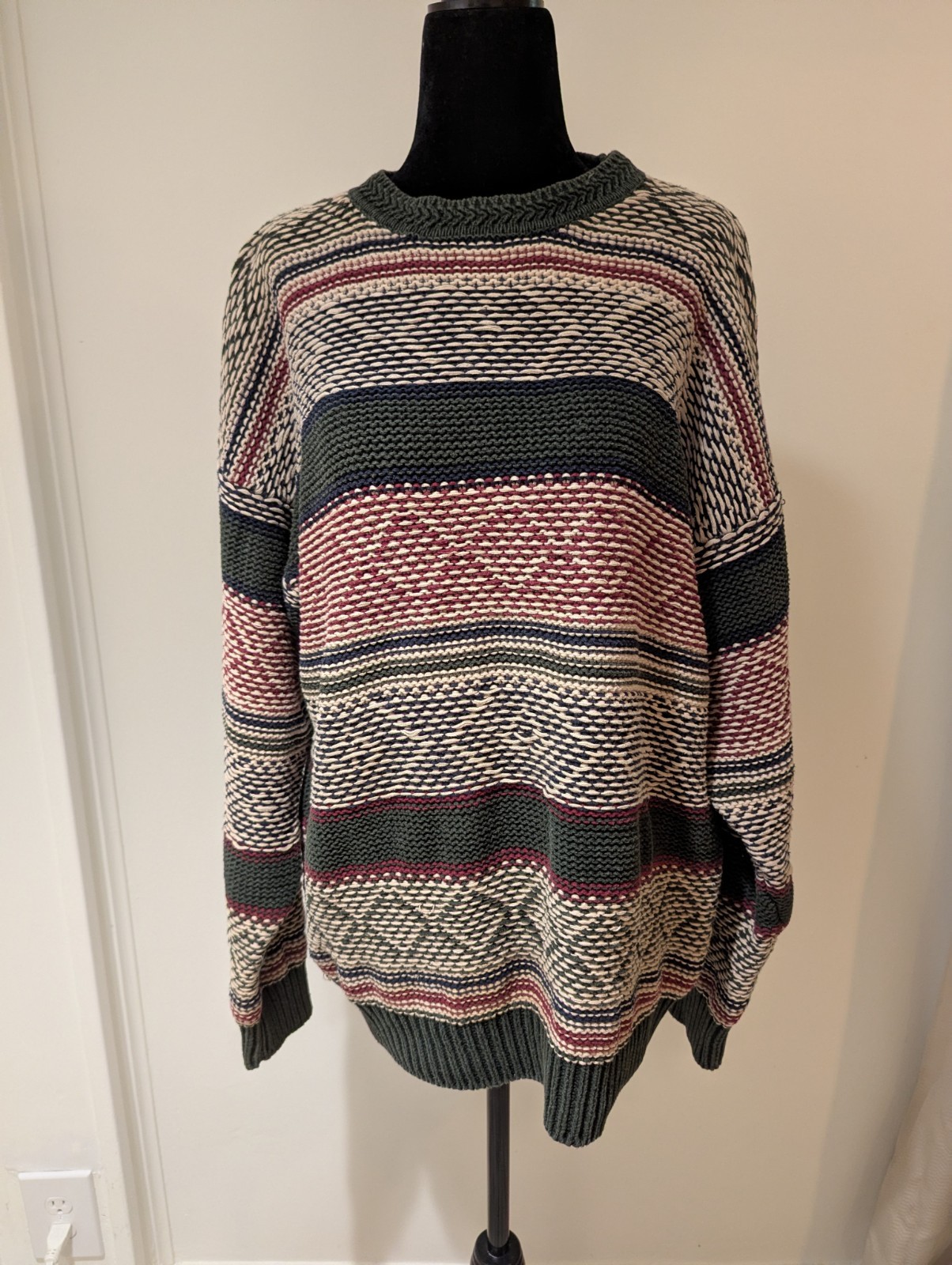 Vintage 1990s Mens Stone Haven Red Green Cream Sweater Pullover Large Knit