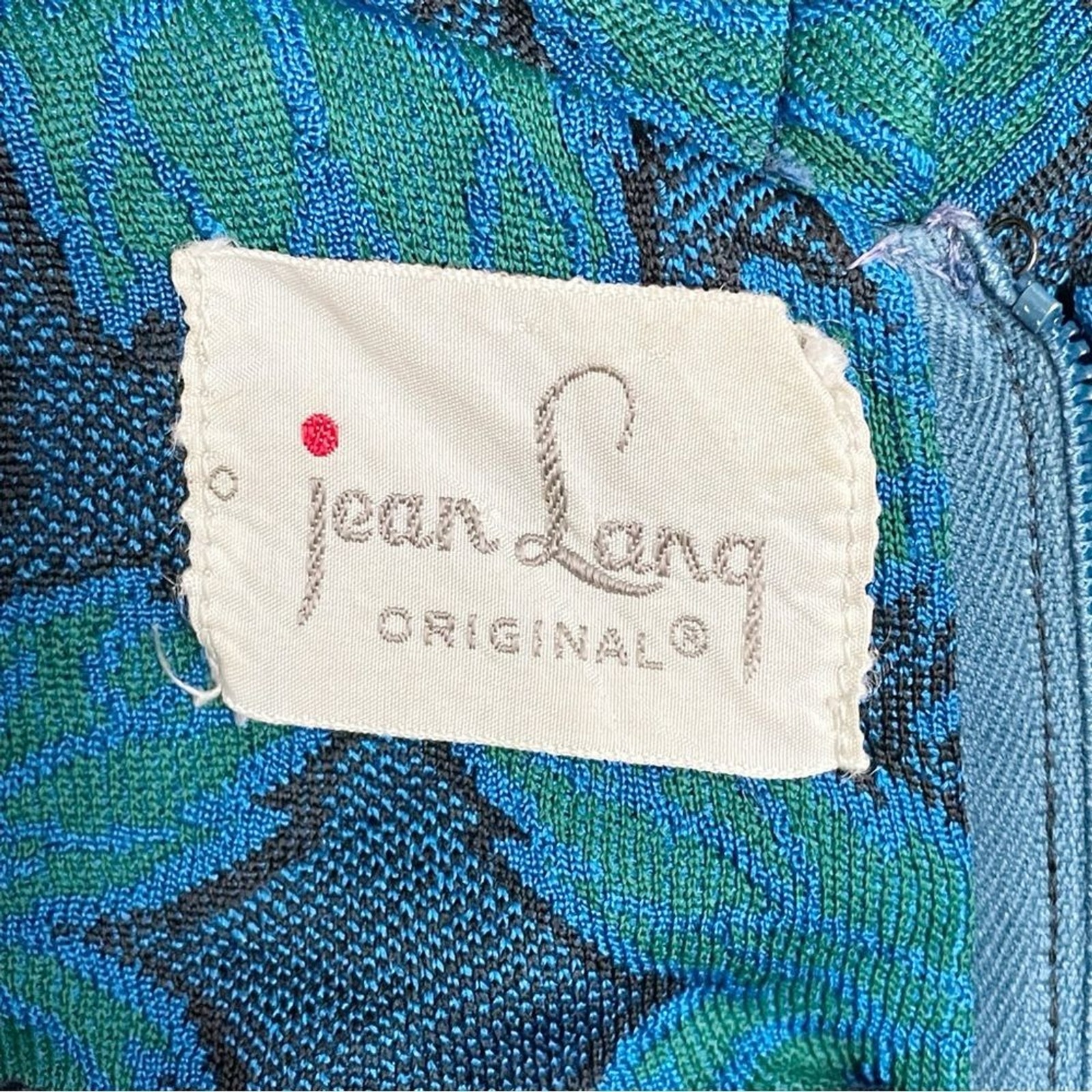 Vintage 1960s Jean Lang Original Blue Green Jacquard Leaf Print Dress Mod A-Line